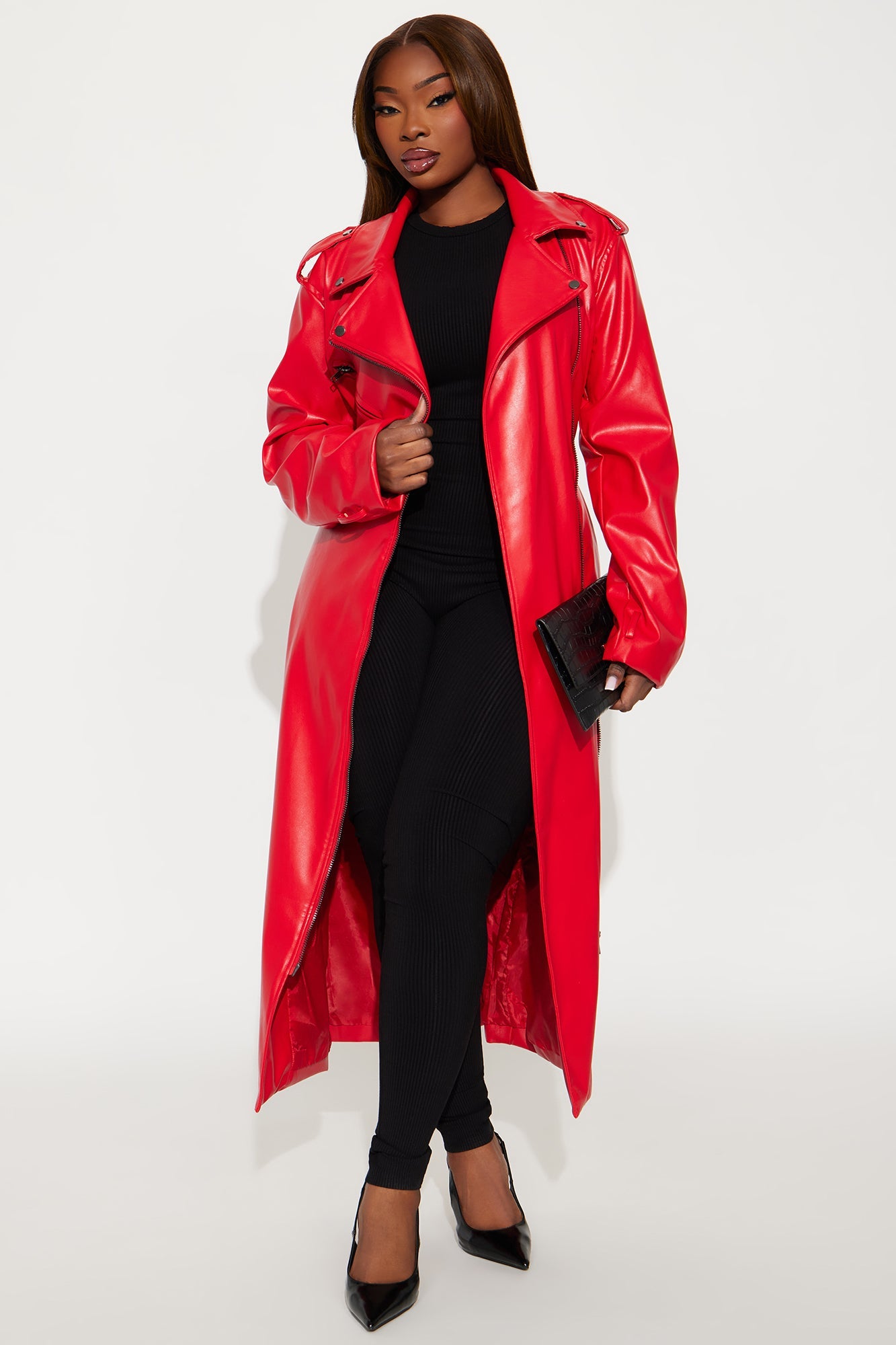 Late Night Drives Faux Leather Coat - Red