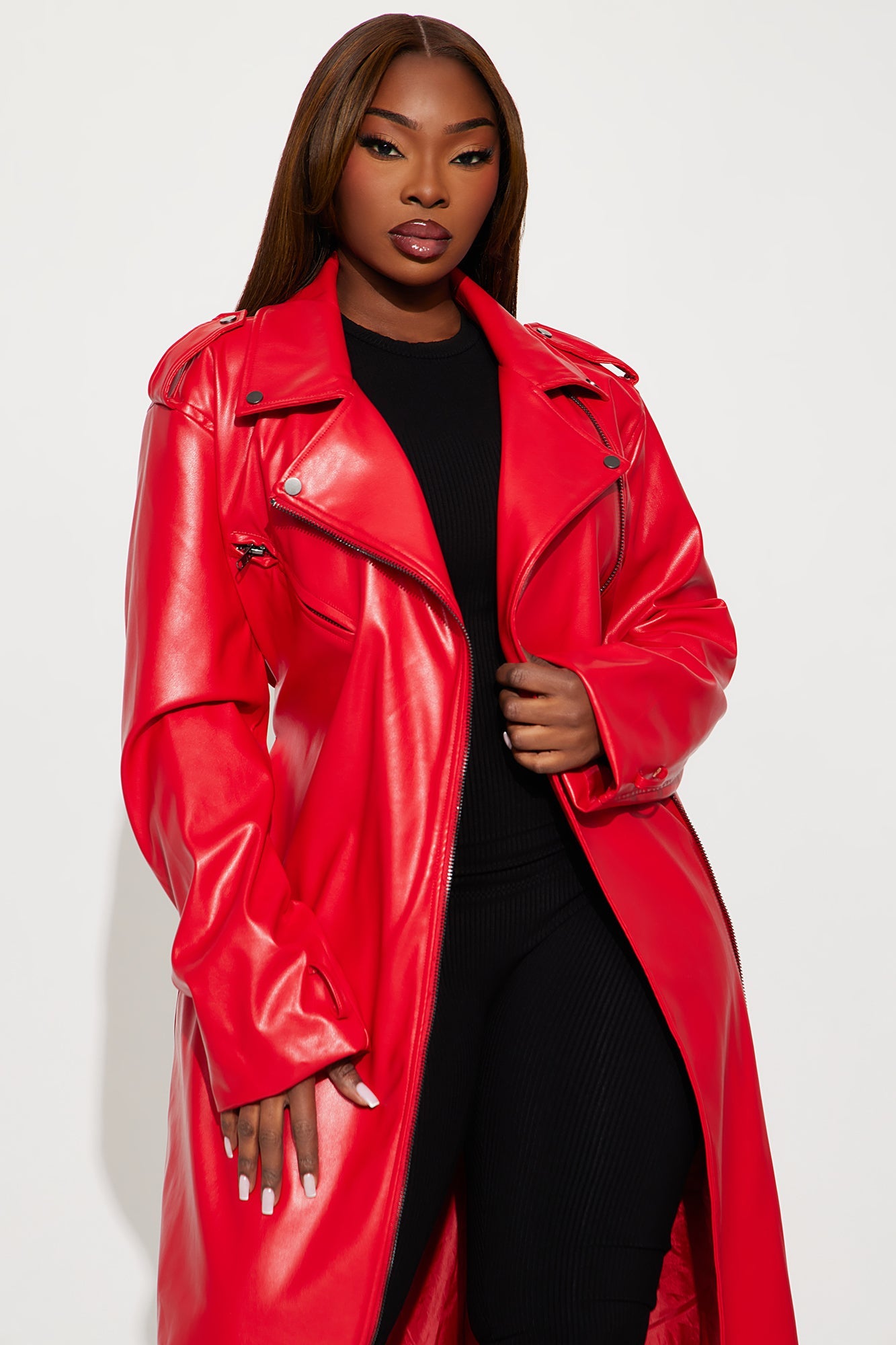 Late Night Drives Faux Leather Coat - Red