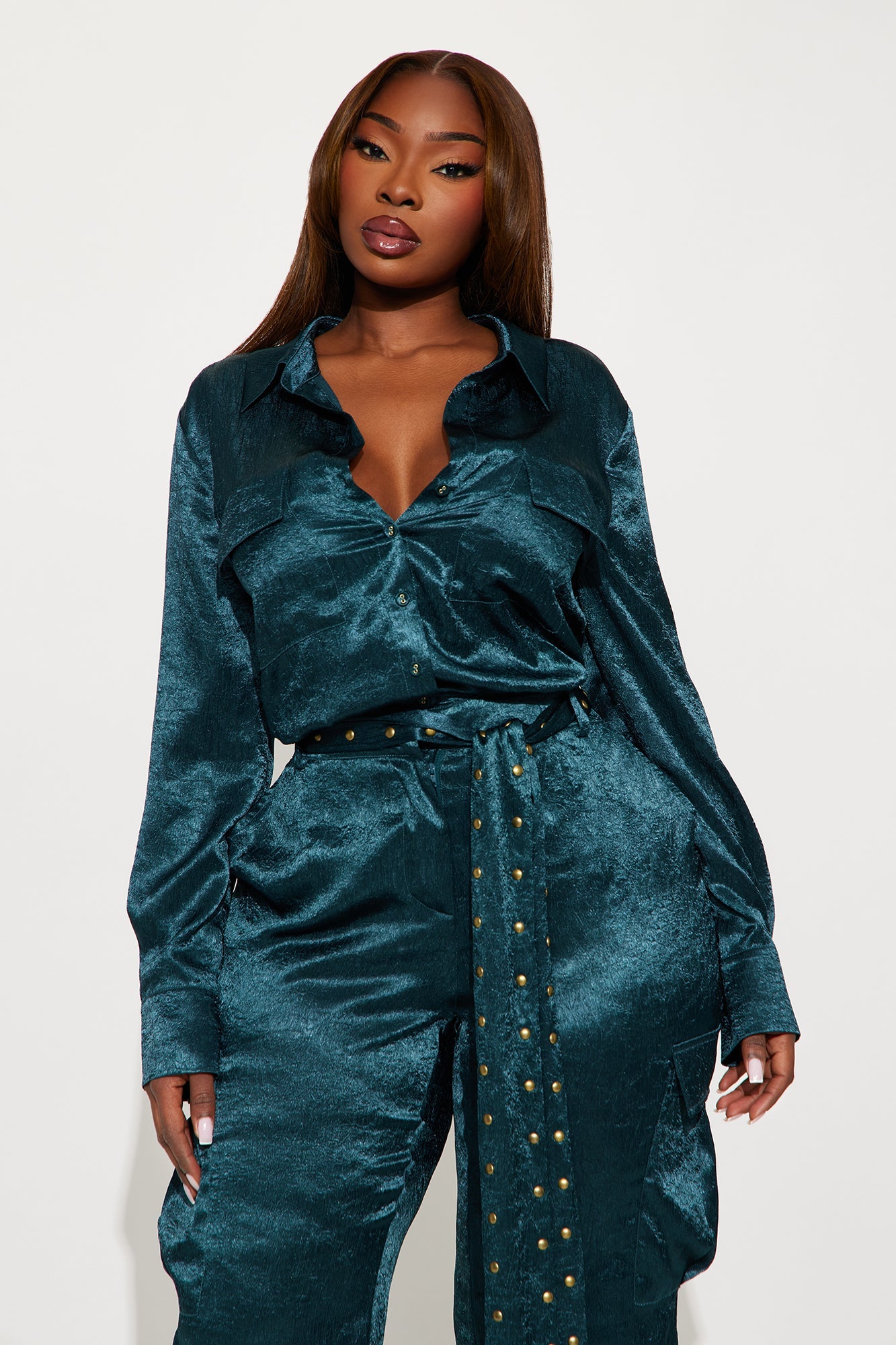 Myla Satin Cargo Jumpsuit - Teal