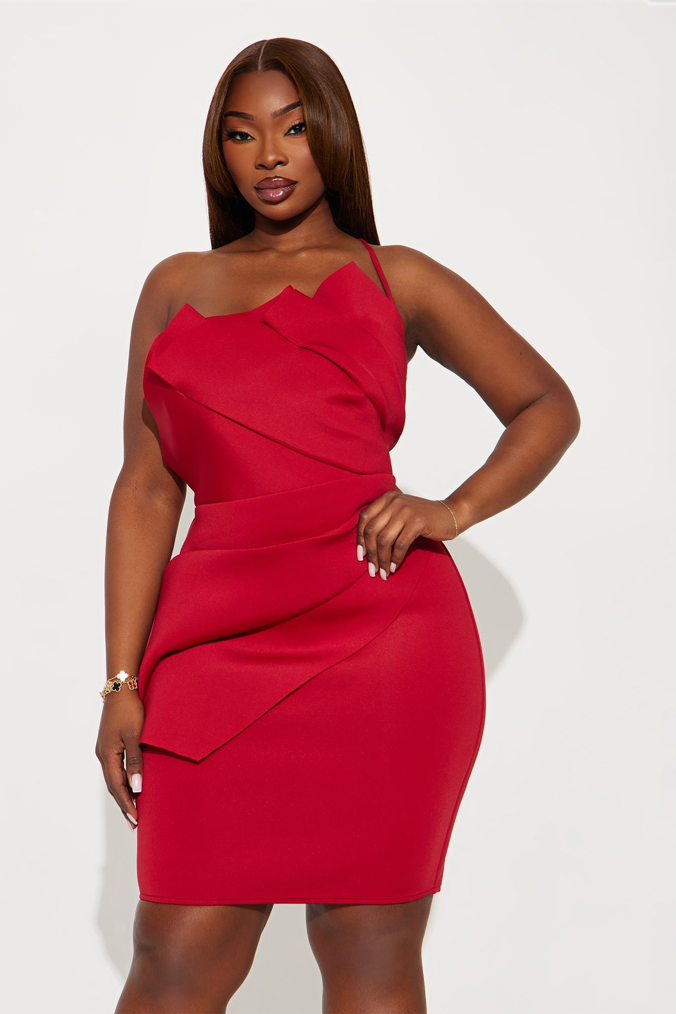 Daviana One Shoulder Scuba Midi Dress - Red