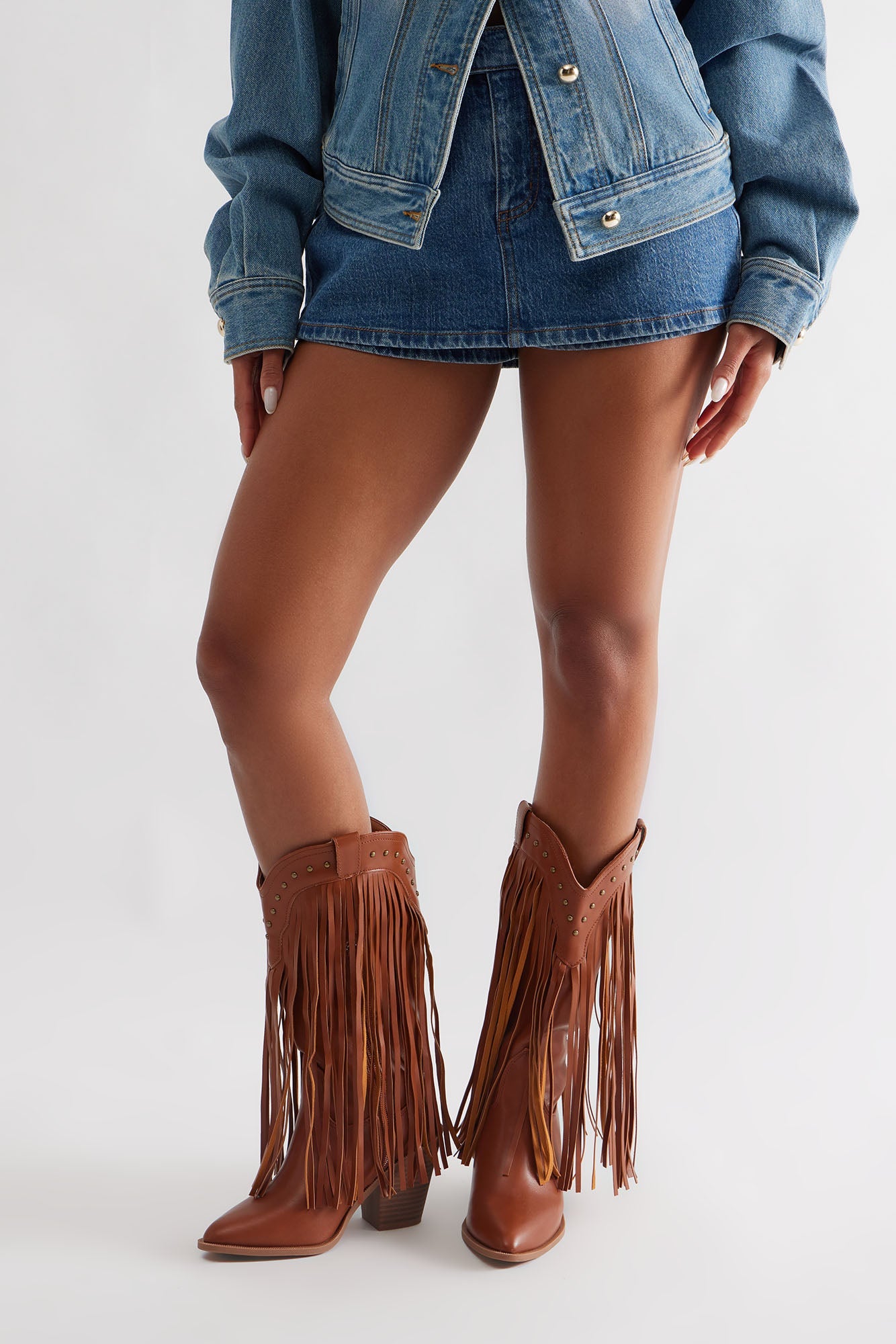Rancher Studded Fringe Cowboy Boots - Tan