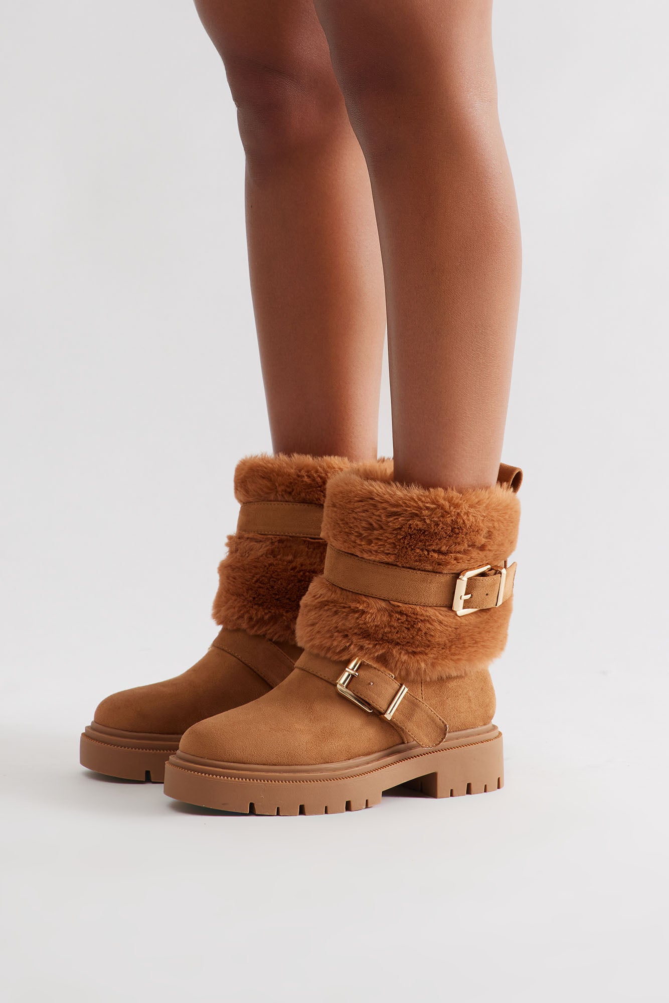 South Pole Fur Trim Buckle Booties - Chestnut