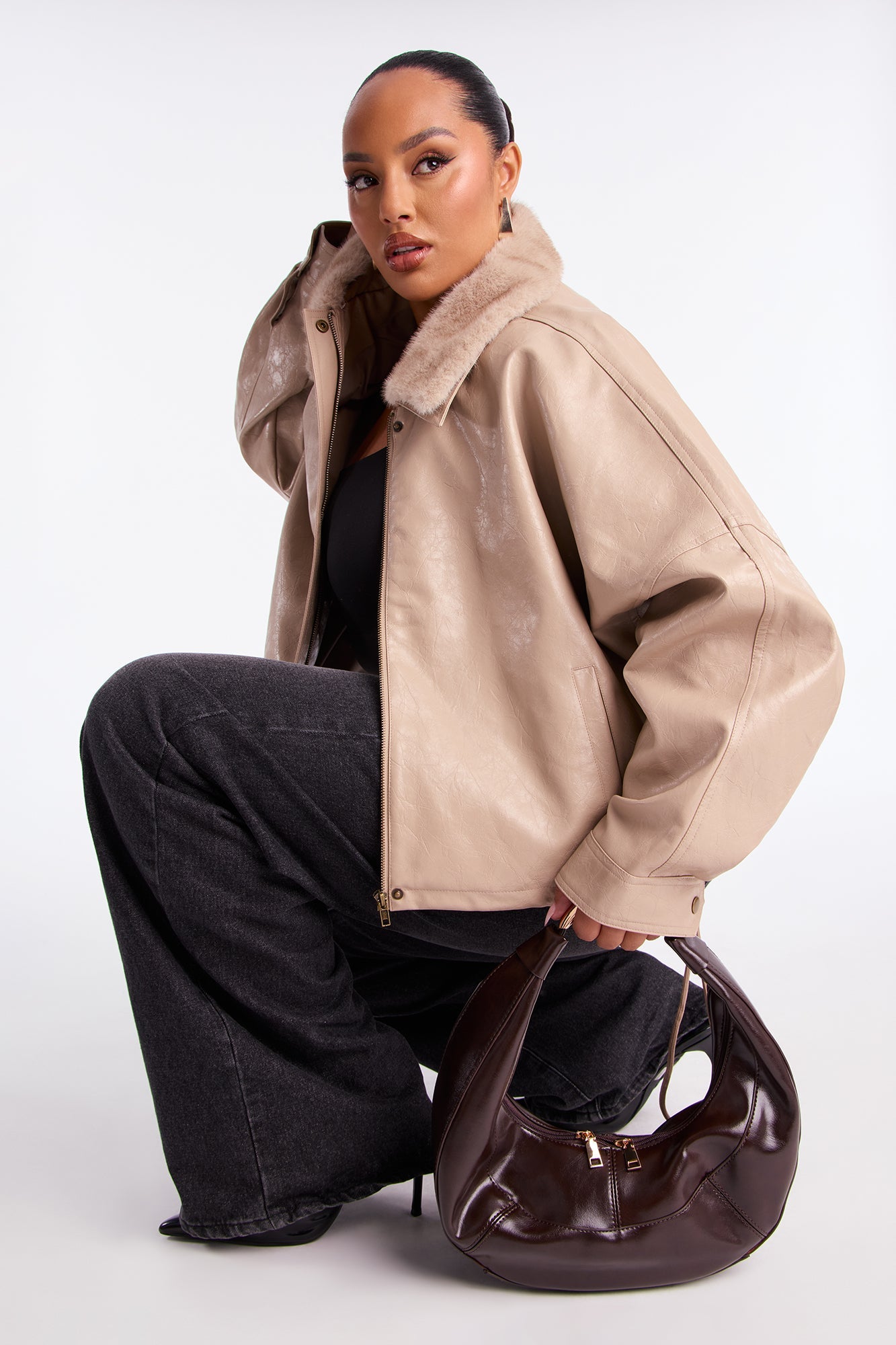 City Nights Faux Leather Bomber Jacket - Mocha