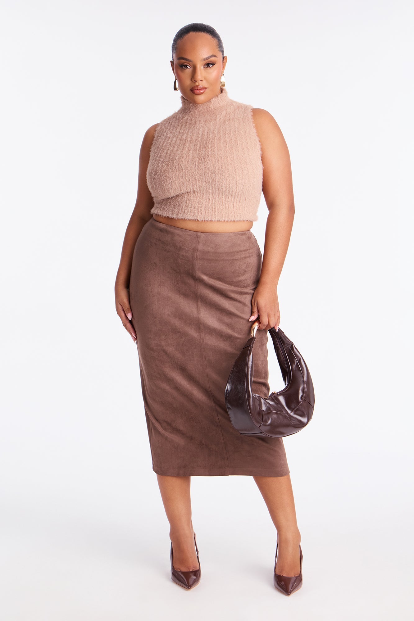 Aria Faux Suede Slit Midi Skirt - Chocolate