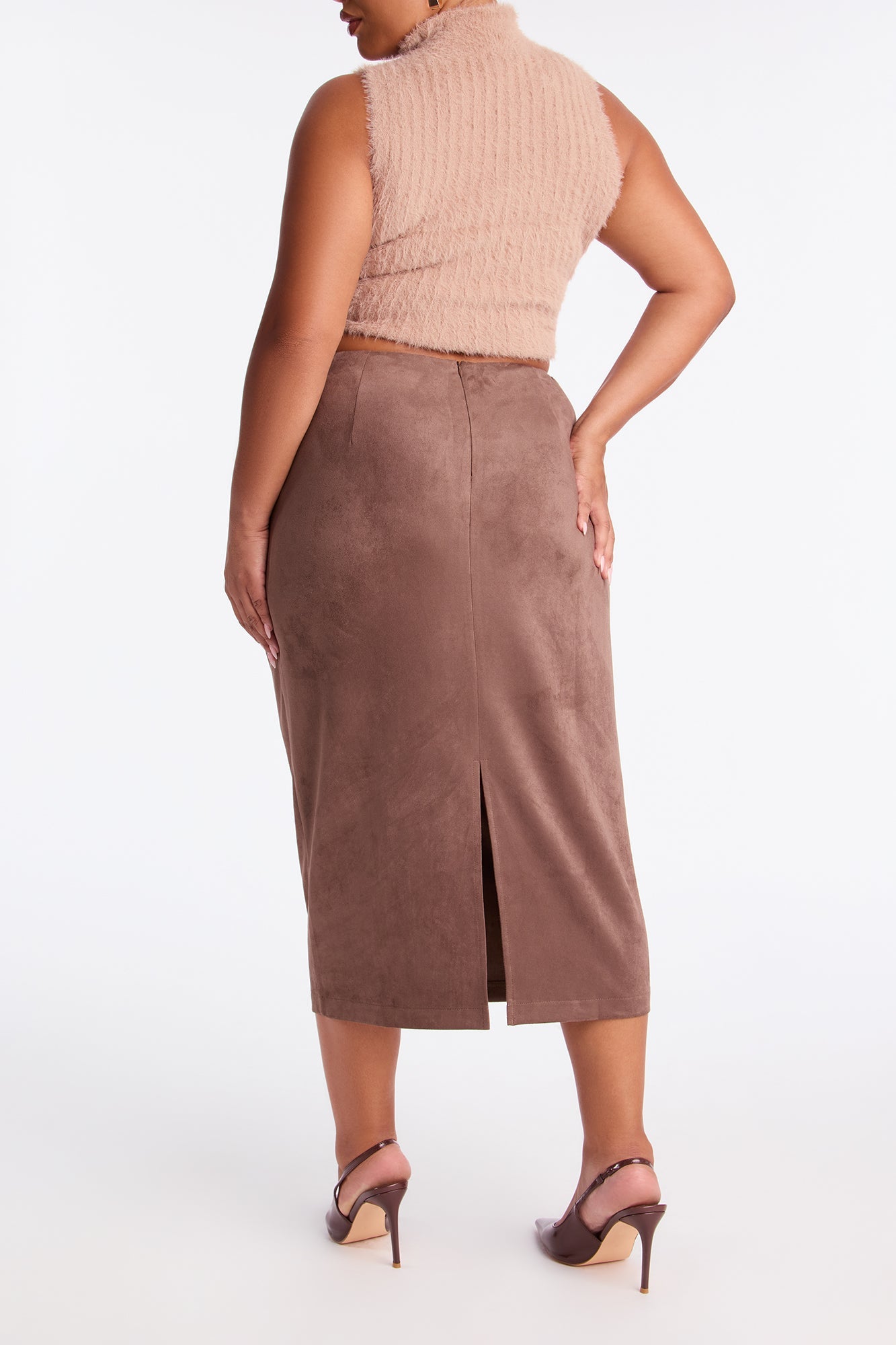 Aria Faux Suede Slit Midi Skirt - Chocolate