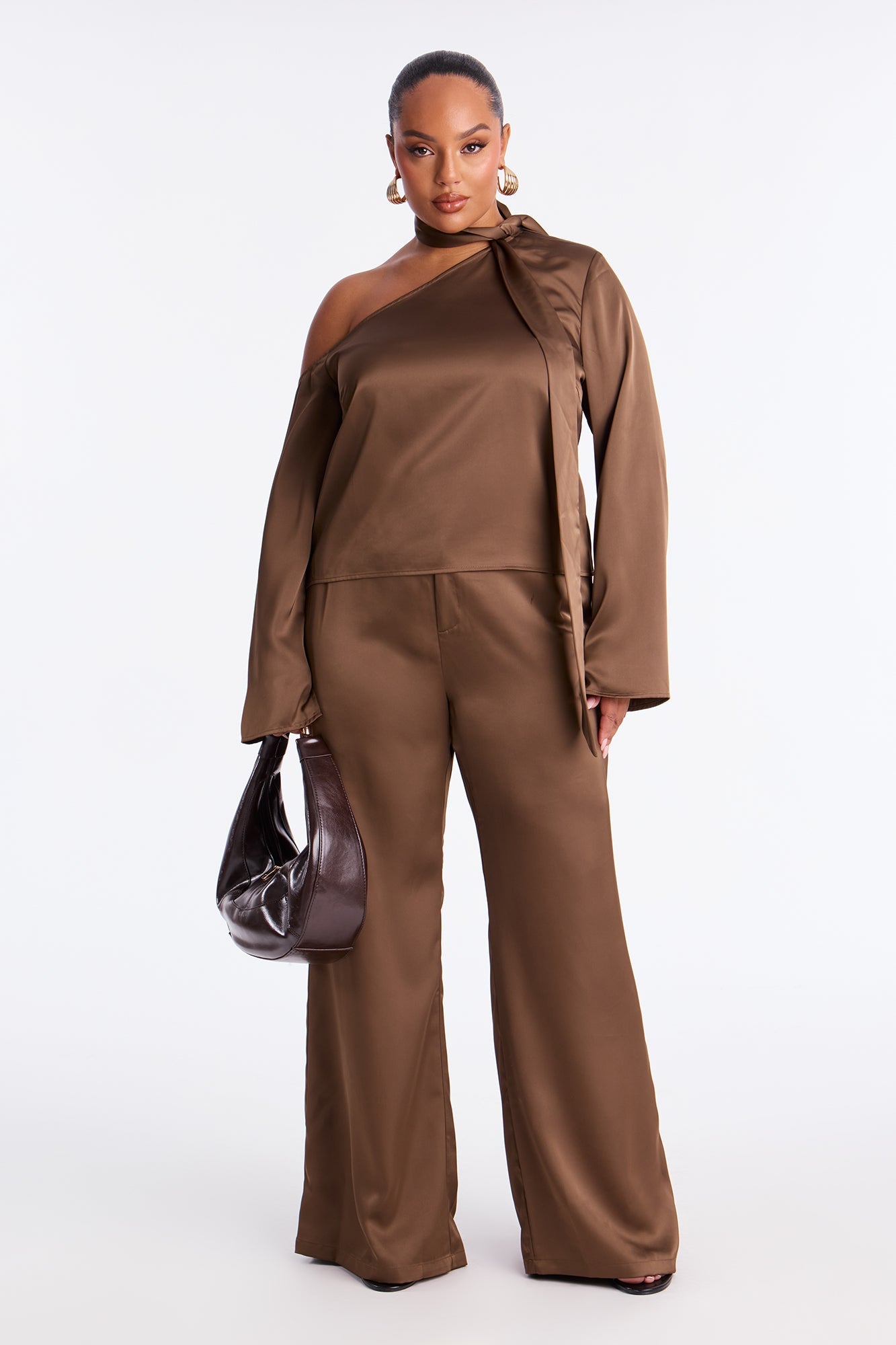 Tiana Off Shoulder Satin Scarf Pant Set - Mocha