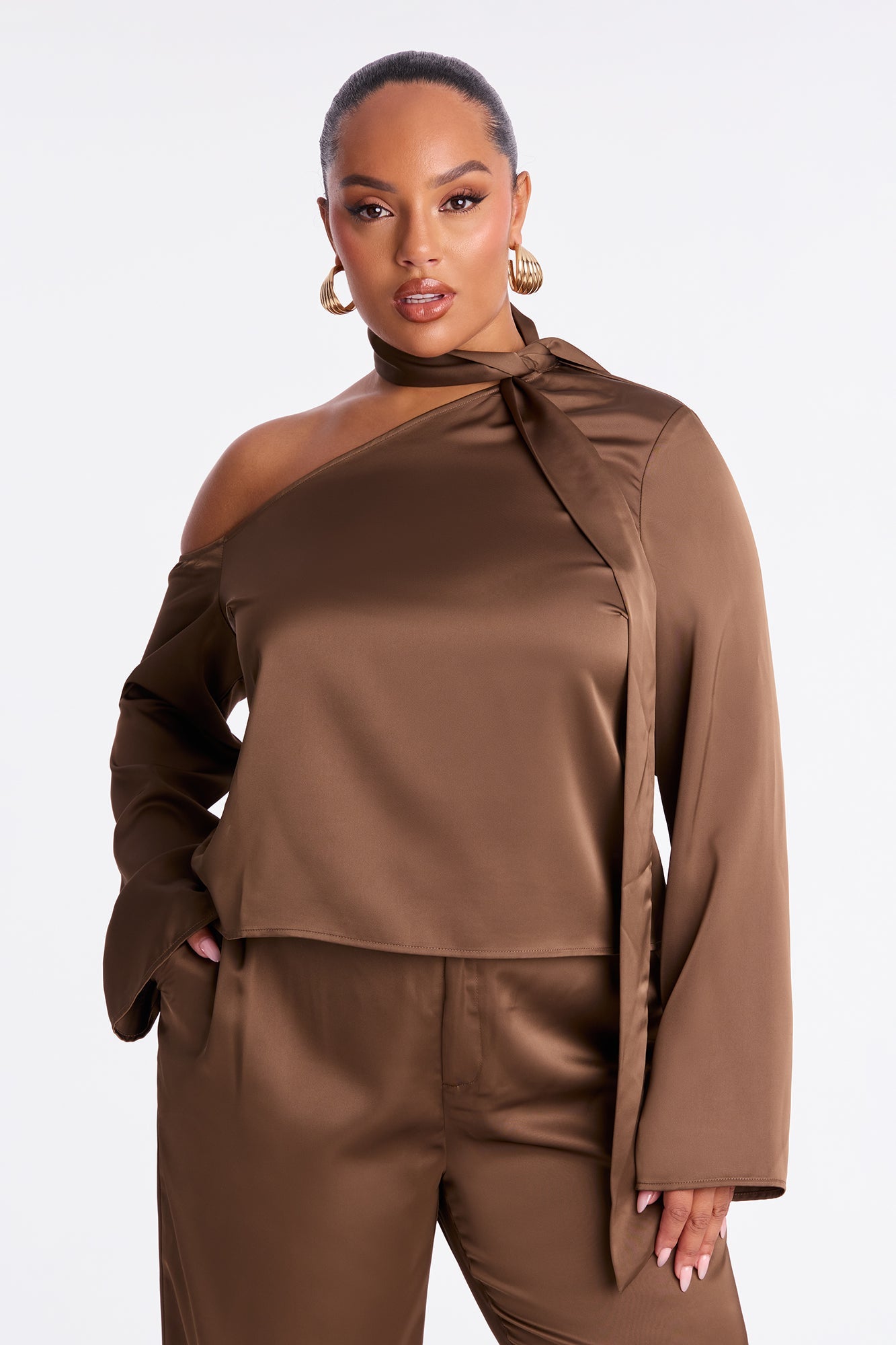 Tiana Off Shoulder Satin Scarf Pant Set - Mocha