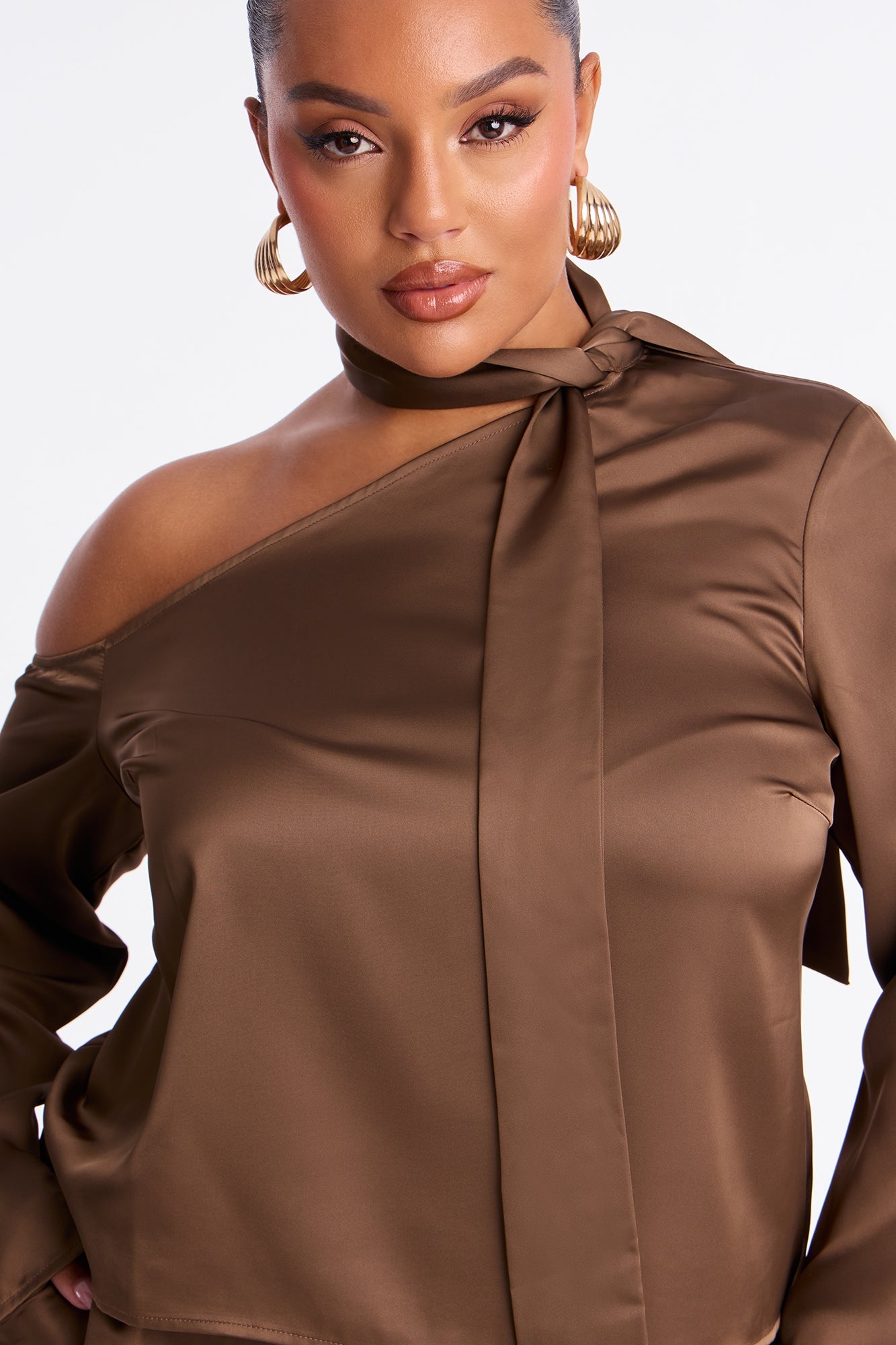 Tiana Off Shoulder Satin Scarf Pant Set - Mocha
