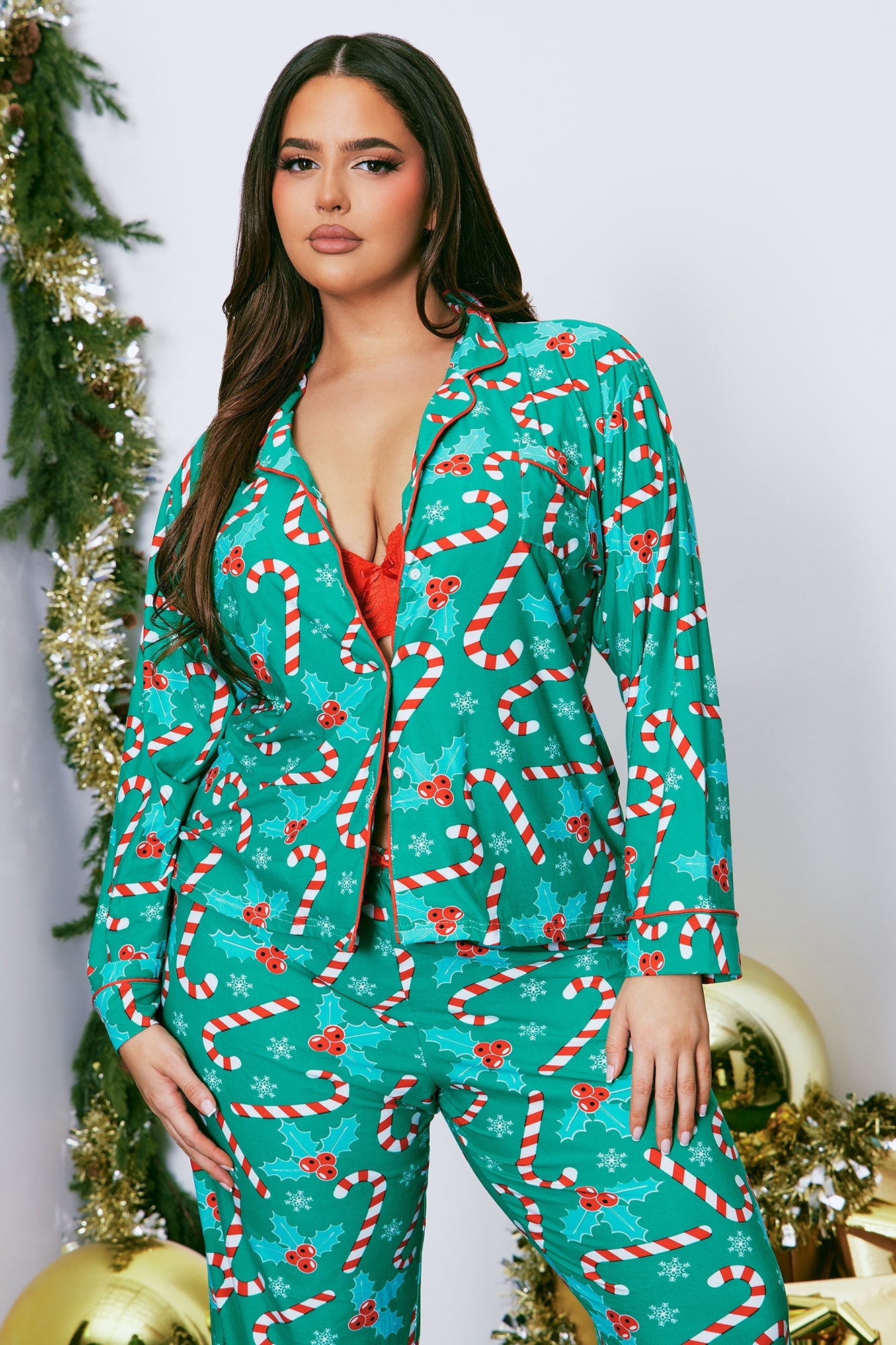 Candy Canes And Holly PJ Pant Set - Green/combo