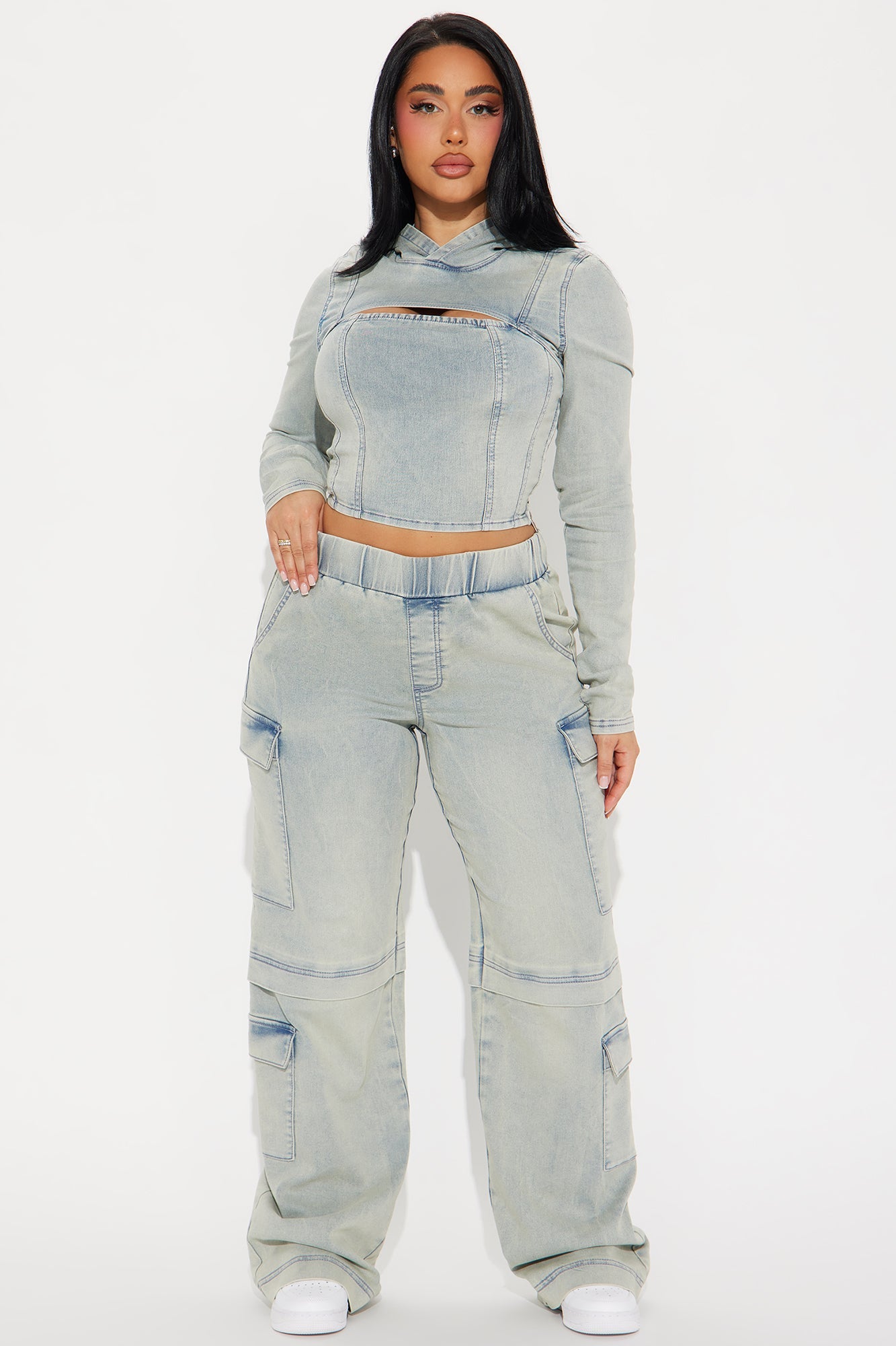 Leylah Denim Cargo Pant Set - Light Wash
