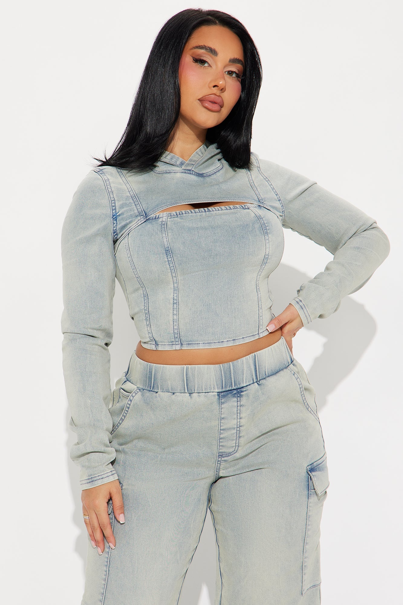 Leylah Denim Cargo Pant Set - Light Wash
