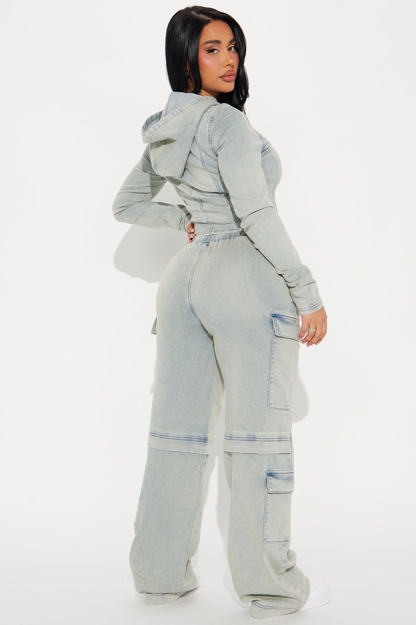 Leylah Denim Cargo Pant Set - Light Wash