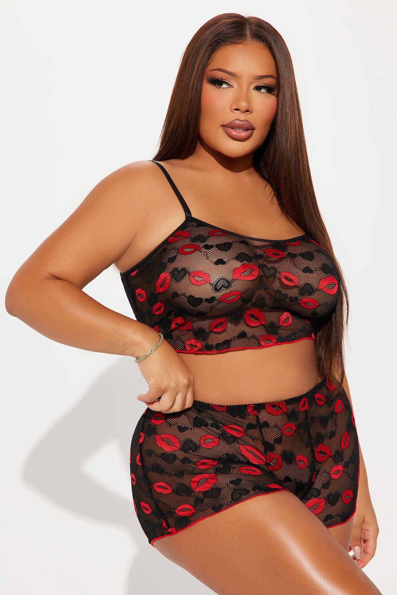Mia Kiss Kiss Lace 2 Piece Set - Black/Red