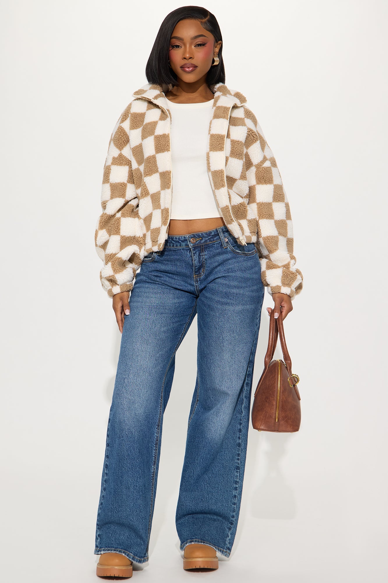 Make Your Move Checkered Sherpa Jacket - Brown/combo