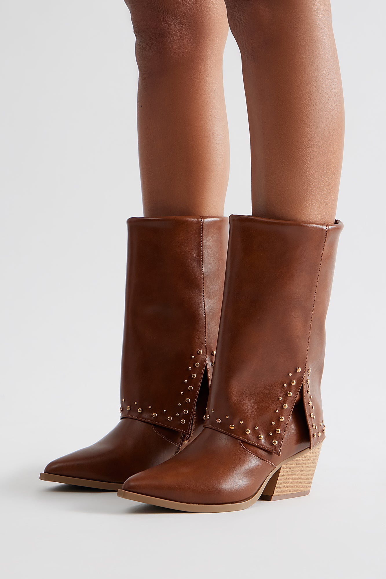 Thatcher Studded Overlay Booties - Cognac
