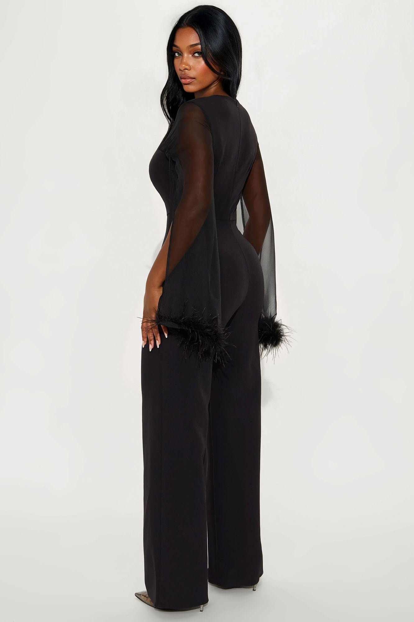 Elle Feather Trim Long Sleeve Wide Leg Jumpsuit - Black
