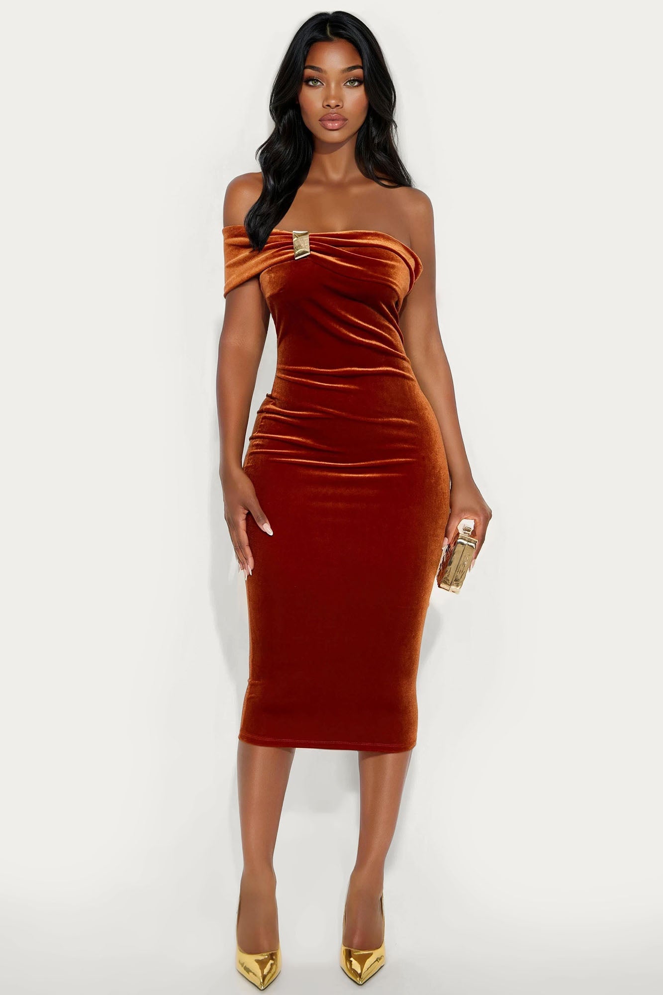 Nalani One Shoulder Velvet Midi Dress - Cognac