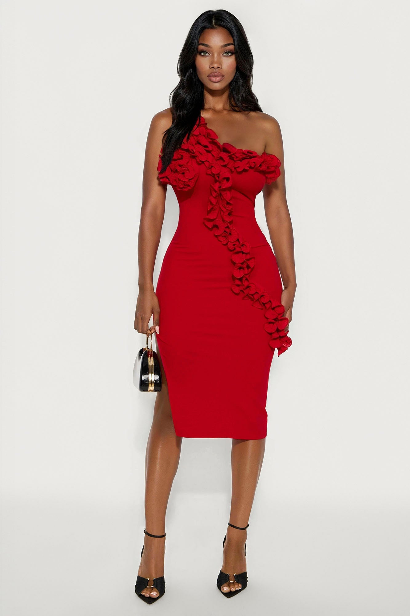 Full Bloom One Shoulder Midi Dress - Red