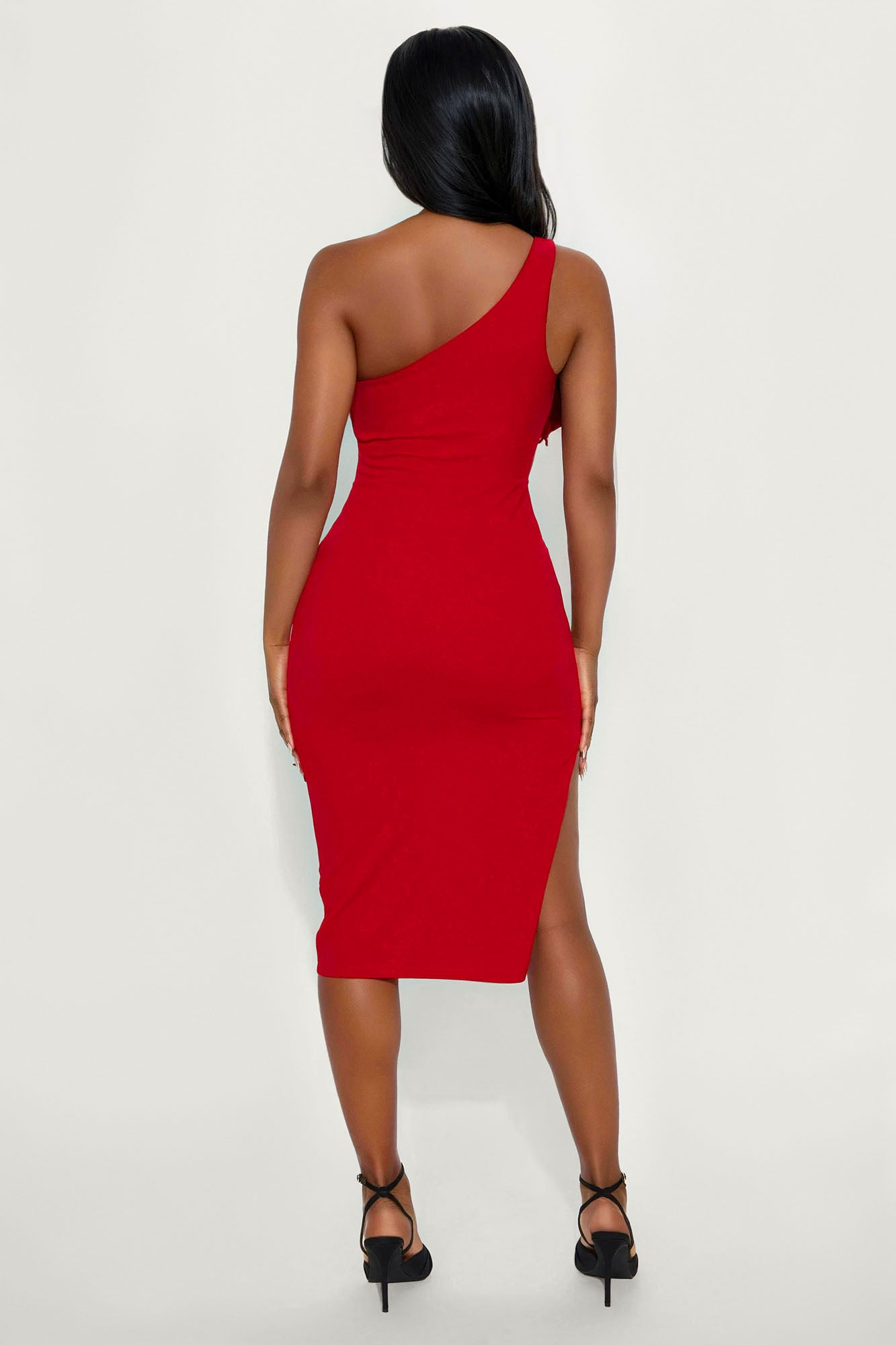 Full Bloom One Shoulder Midi Dress - Red