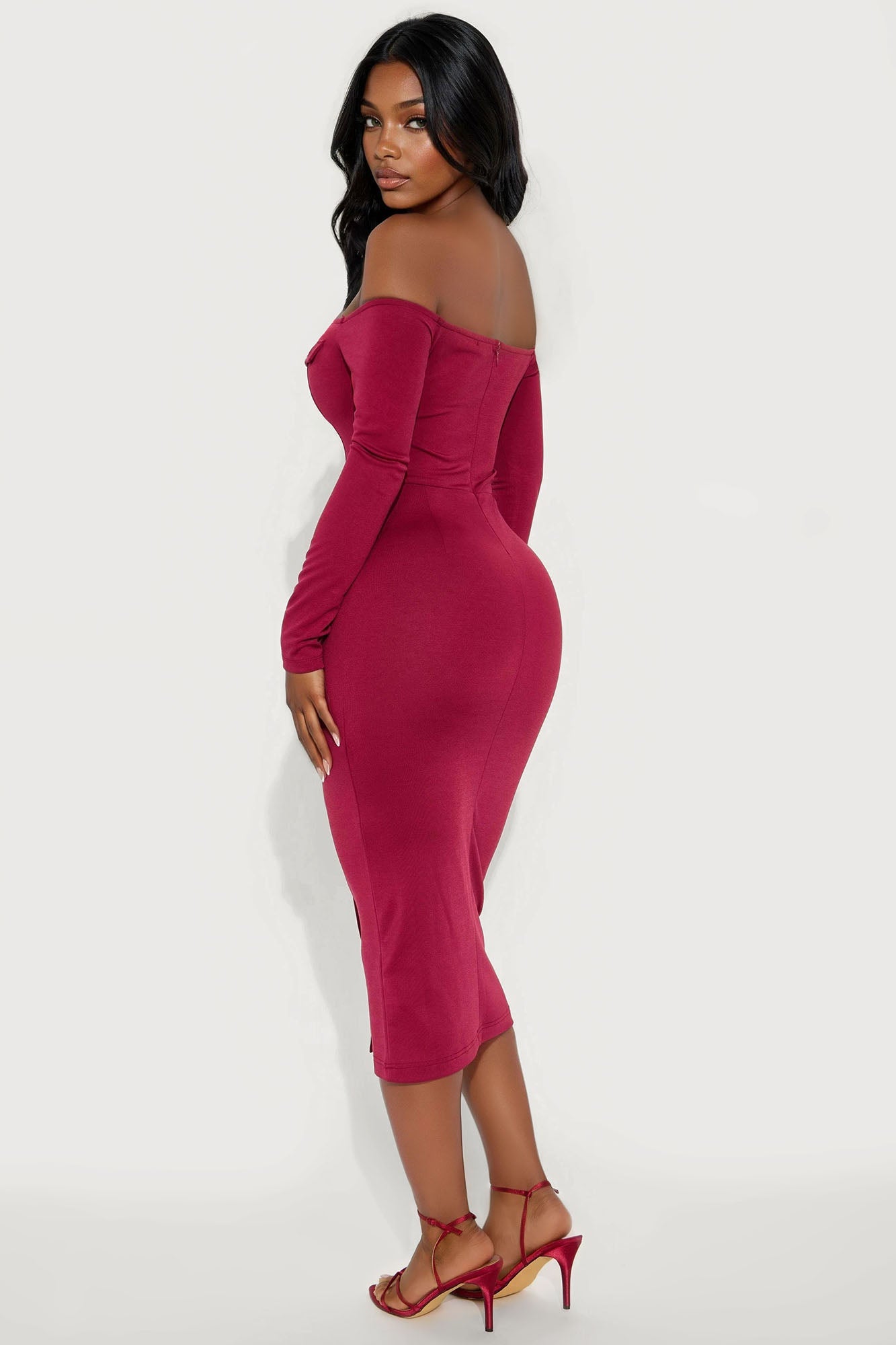 Goldie Off Shoulder Midi Dress - Wine