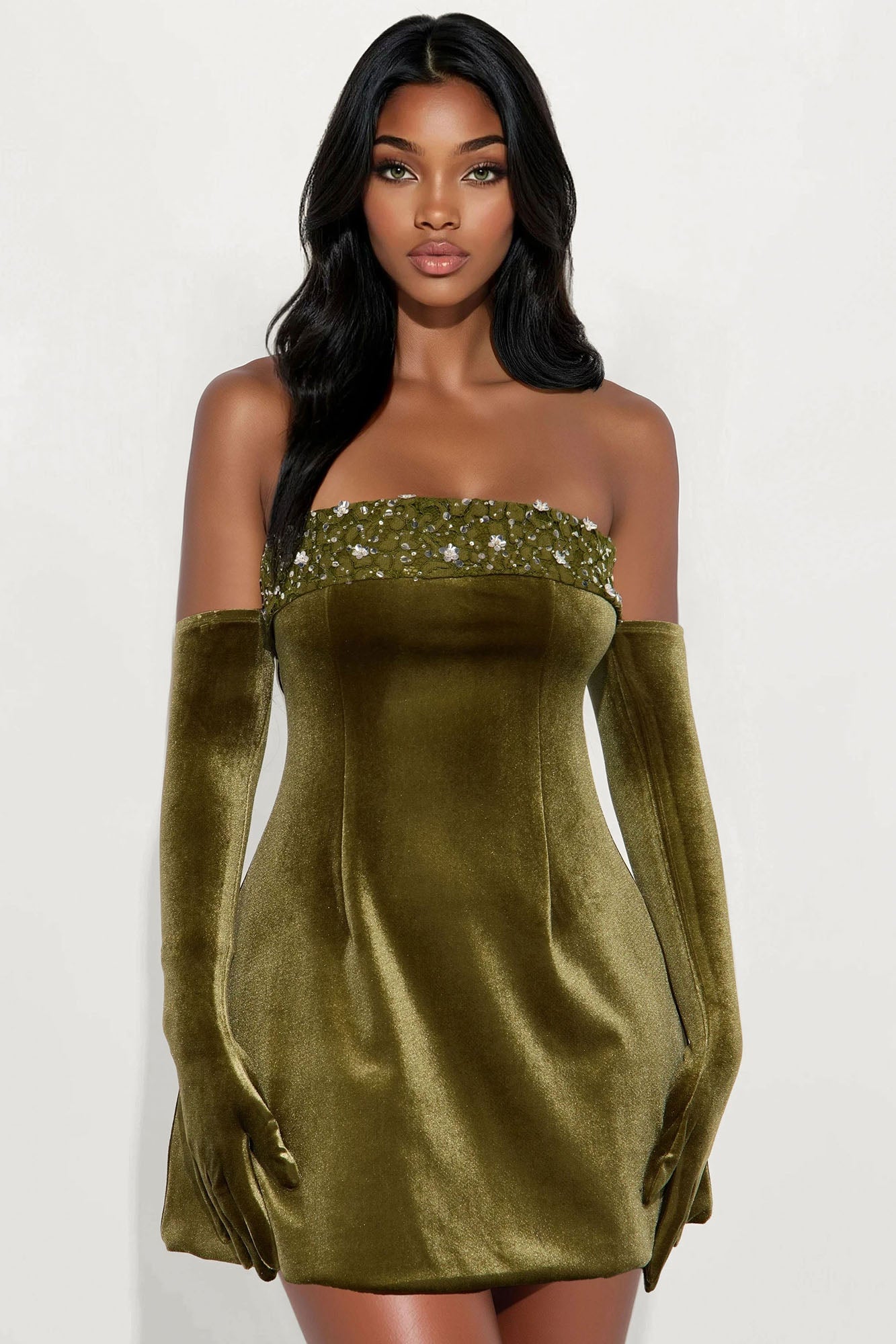 Genovia Embellished Velvet Mini Dress - Olive