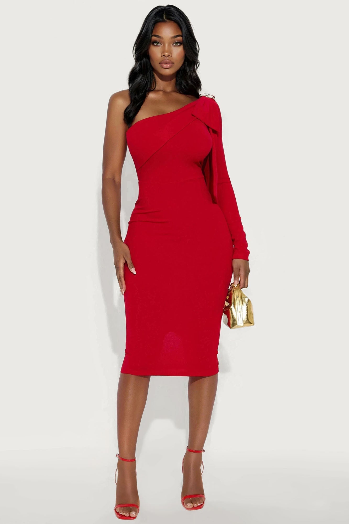 Taya One Shoulder Bow Midi Dress - Red