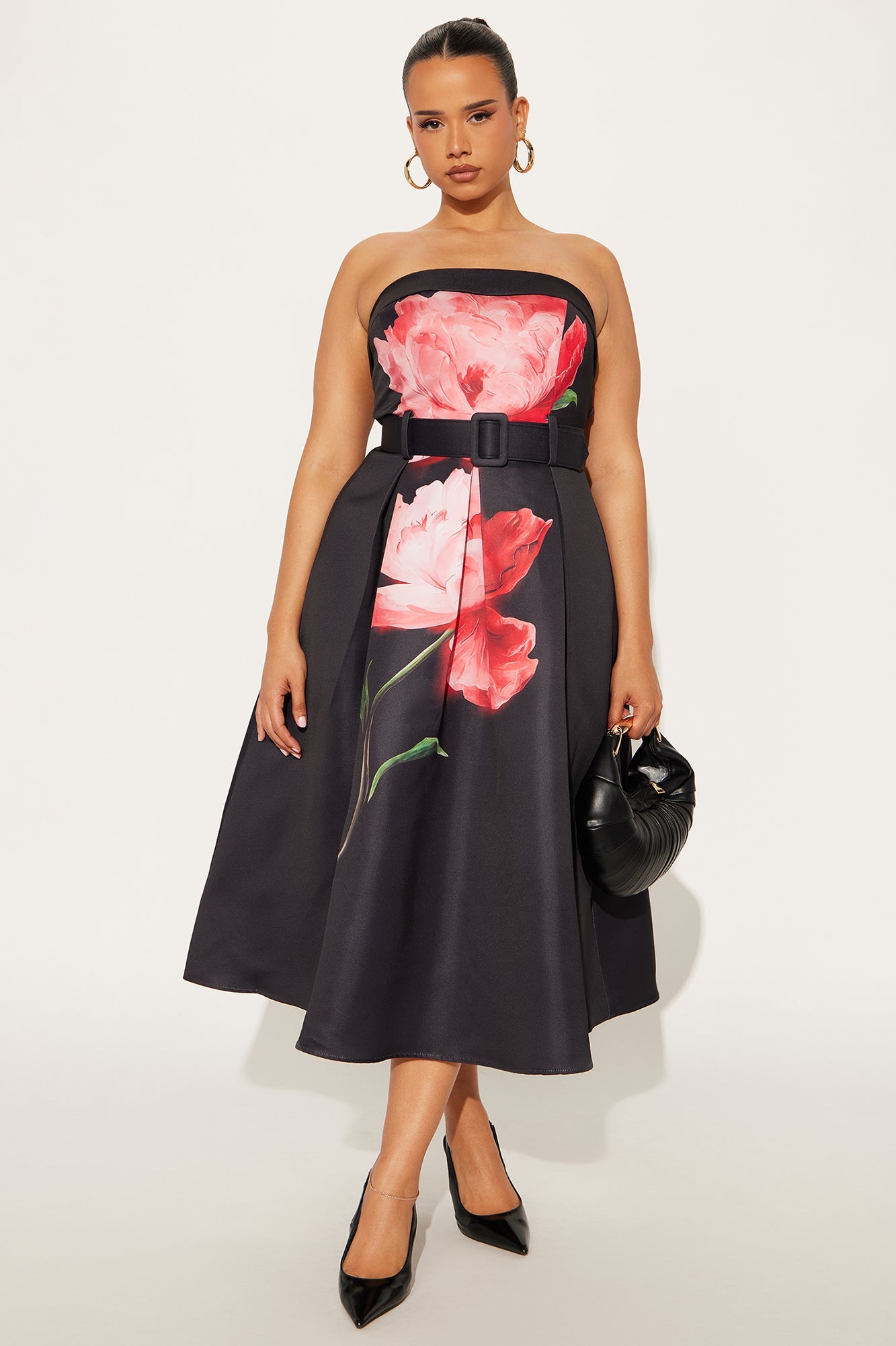 Dixie Strapless Floral Satin Midi Dress - Black