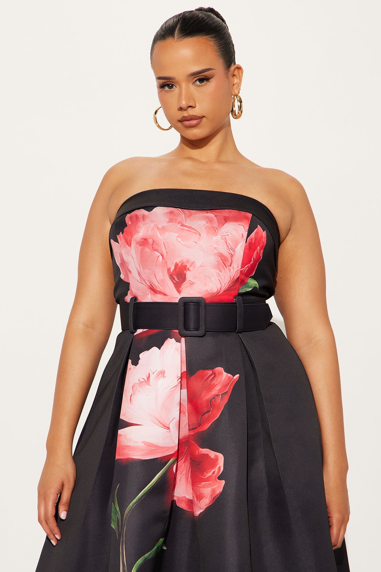 Dixie Strapless Floral Satin Midi Dress - Black