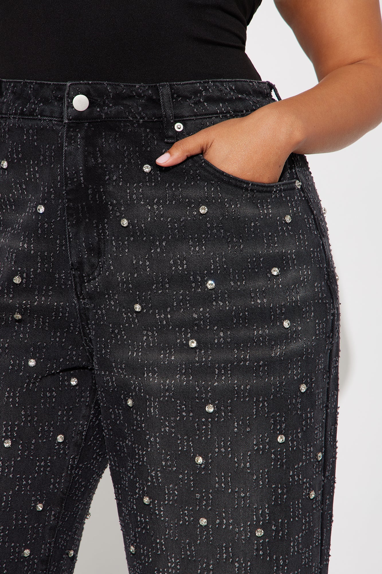 City Lights Embellished Wide Leg Jeans - Black Wash
