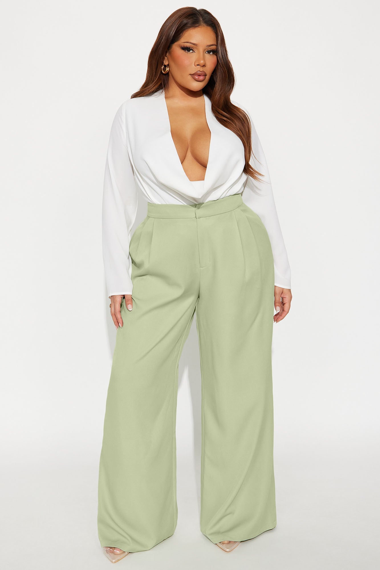 Delia Wide Leg Crepe Trousers 33″ - Sage