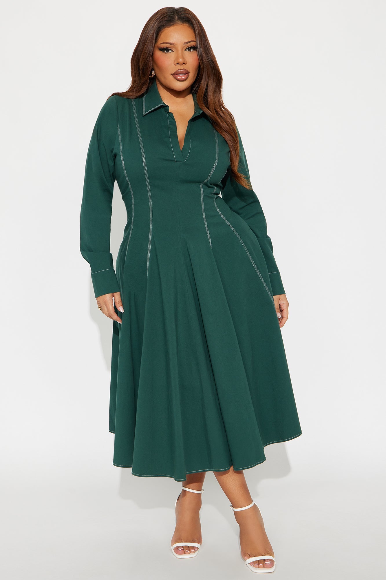 Prim Collared Long Sleeve Midi Dress - Hunter Green