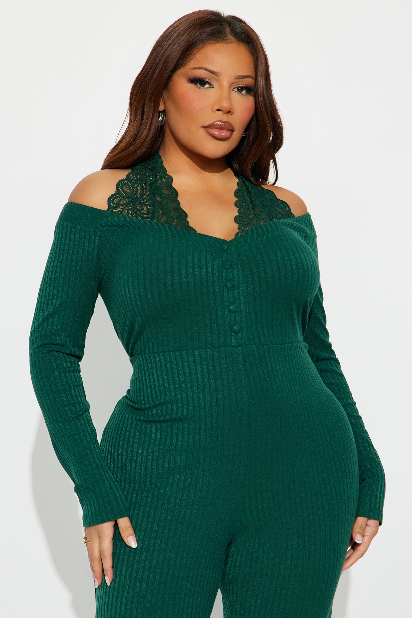 Tilly Ribbed Lace Trim Jumpsuit - Green
