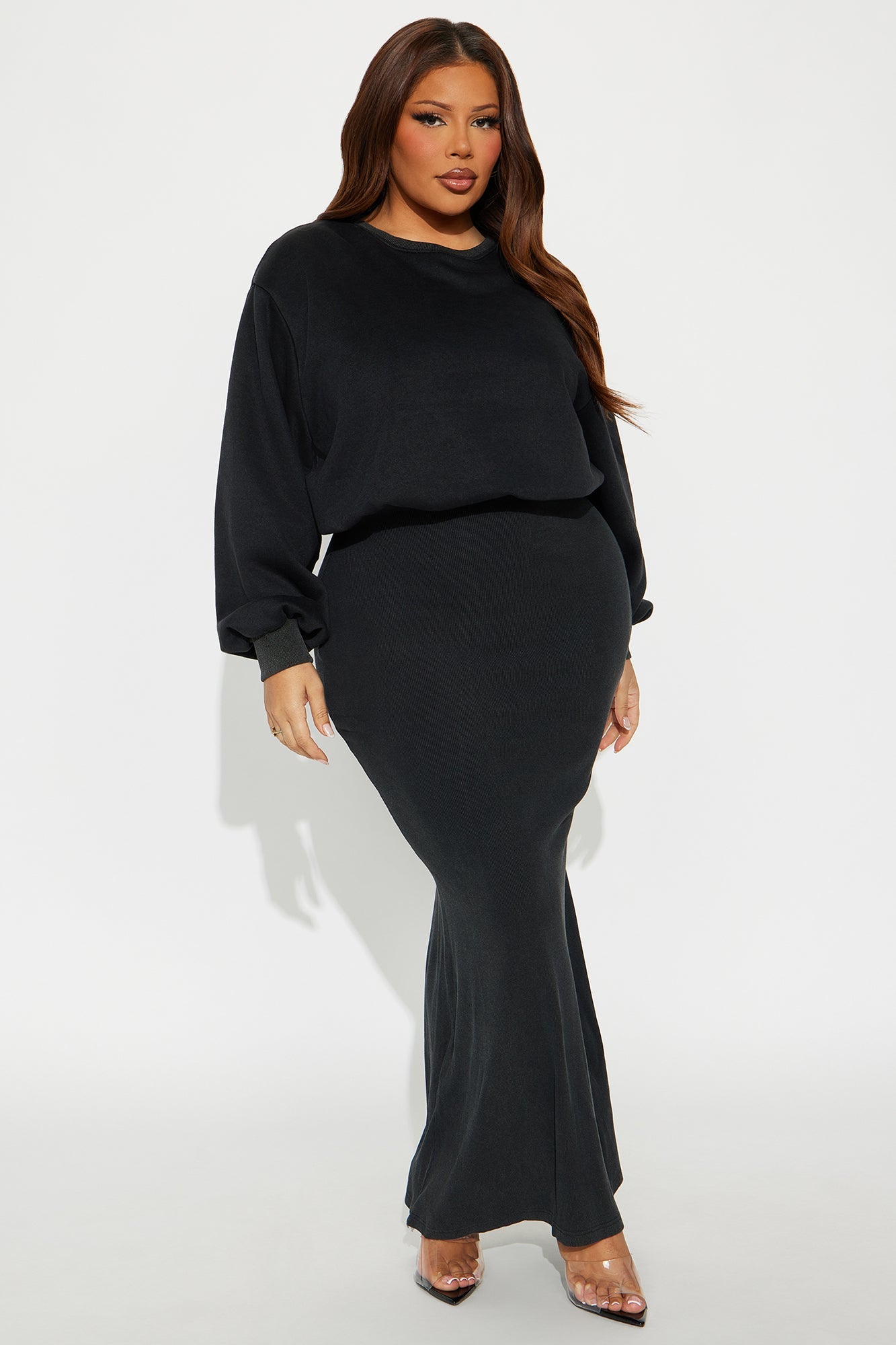 Wrapped Up Ribbed Maxi Dress Set - Black