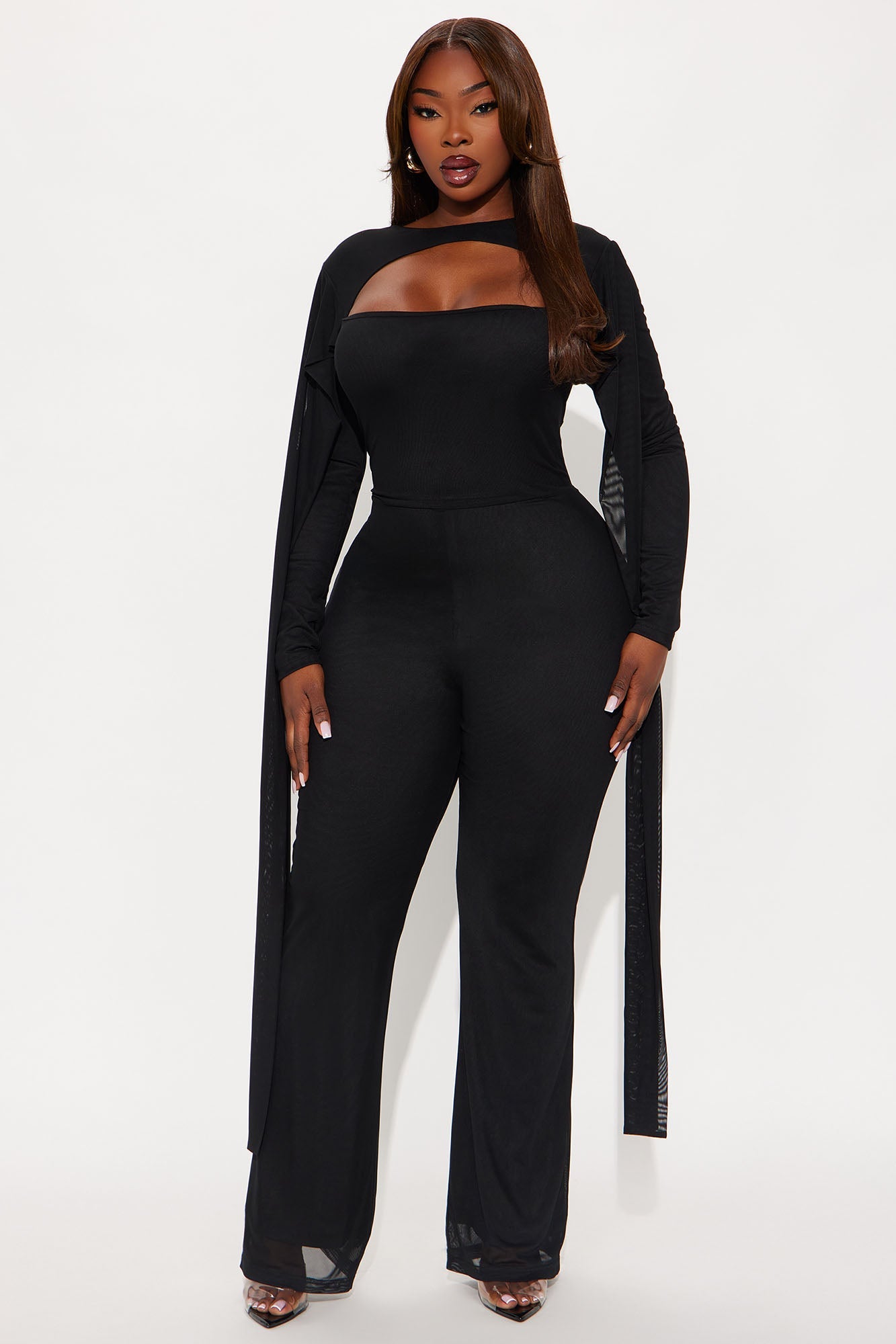 Night Moves Mesh Scarf Jumpsuit - Black