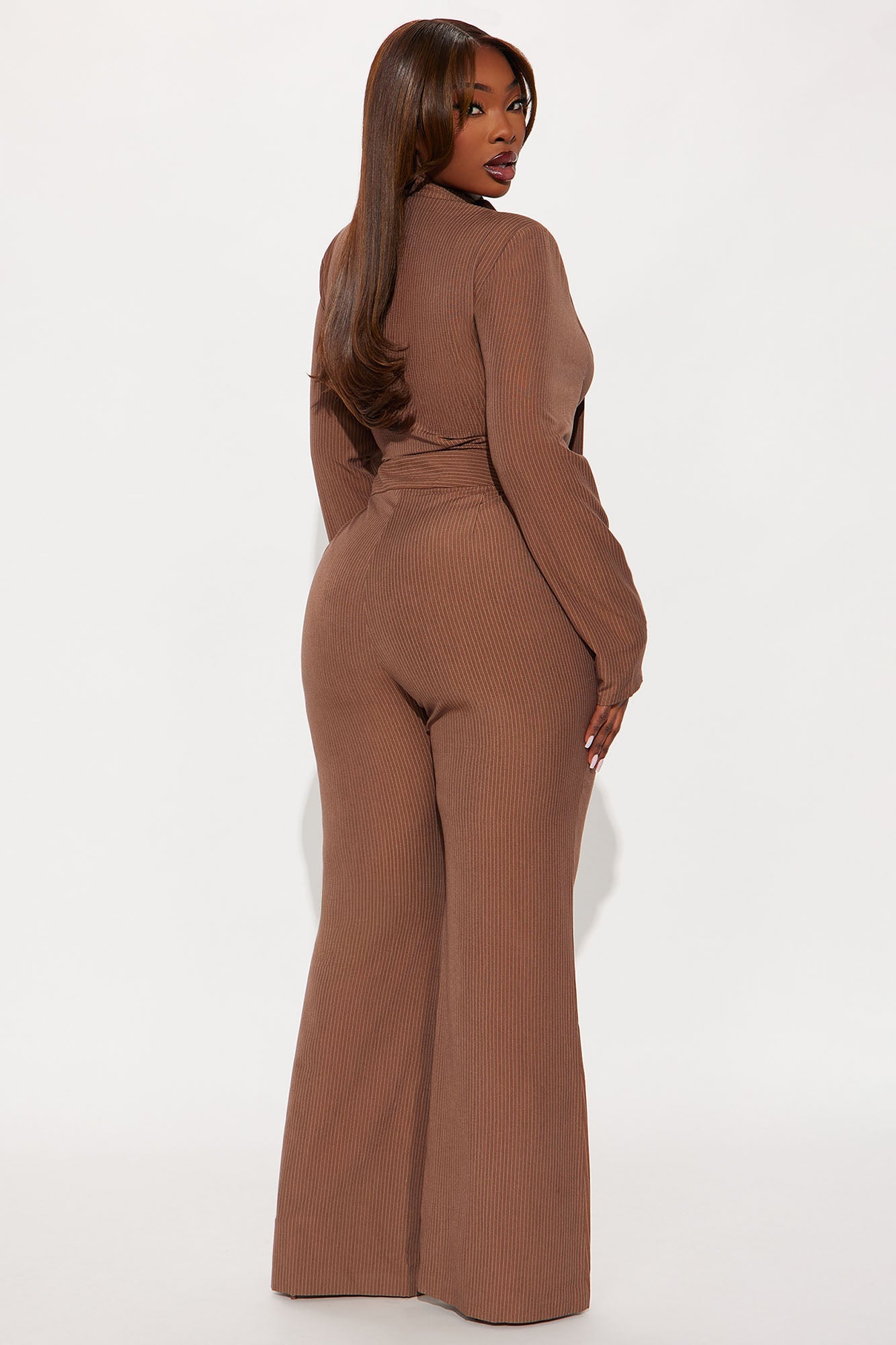 Kendall Scarf Wide Leg Pinstripe Jumpsuit - Brown
