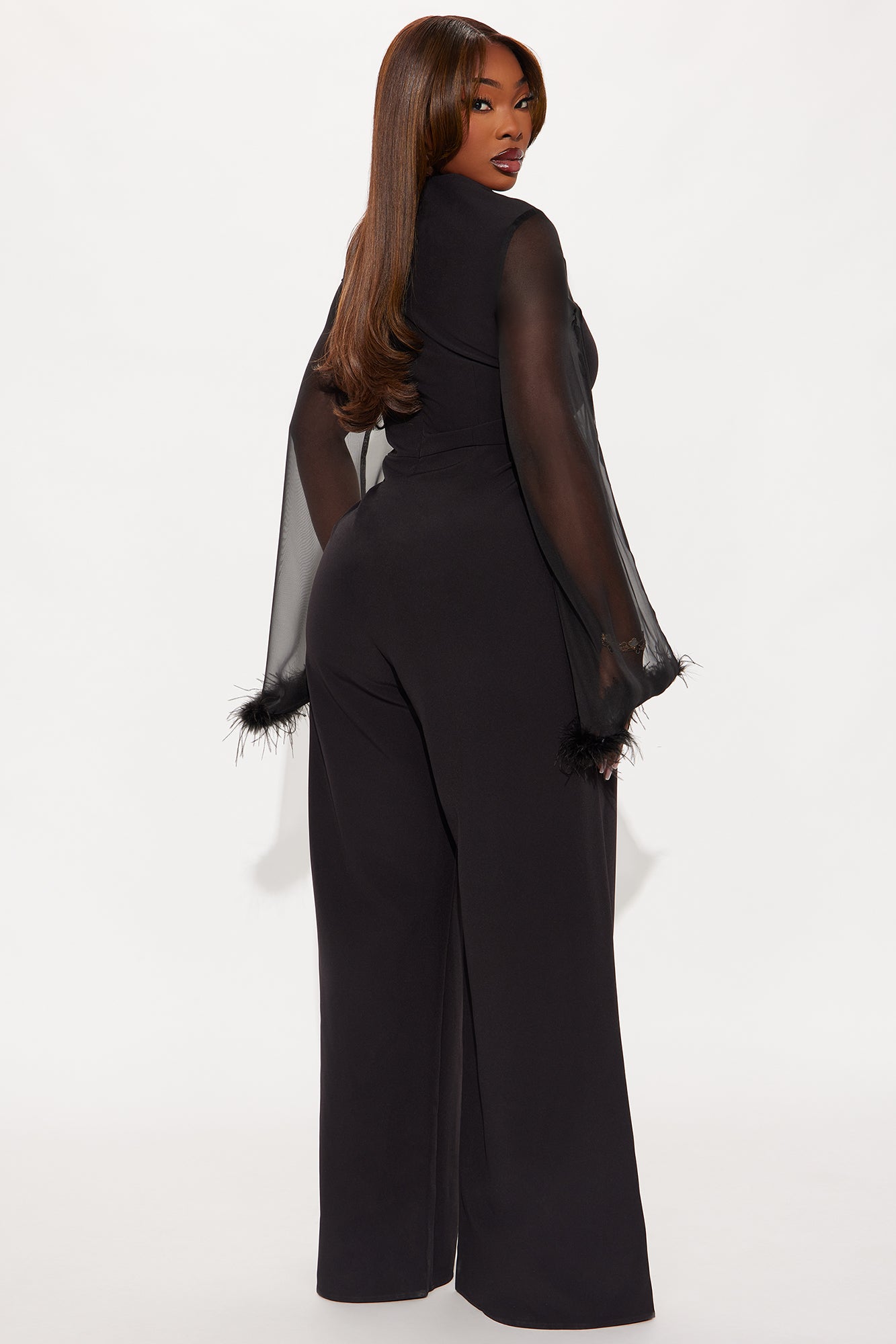 Elle Feather Trim Long Sleeve Wide Leg Jumpsuit - Black