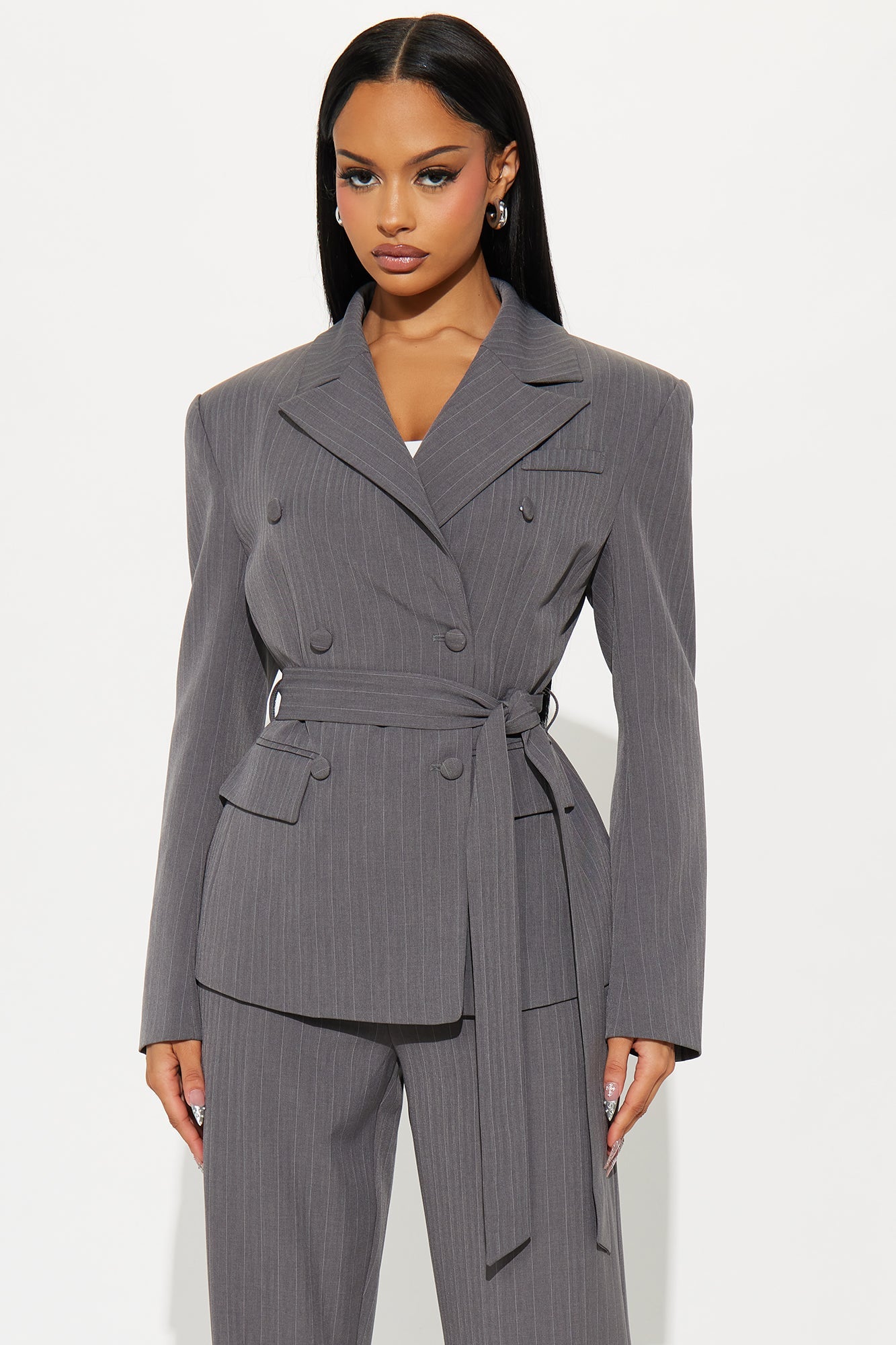 Focus Forward Belted Pinstripe Blazer - Charcoal/combo