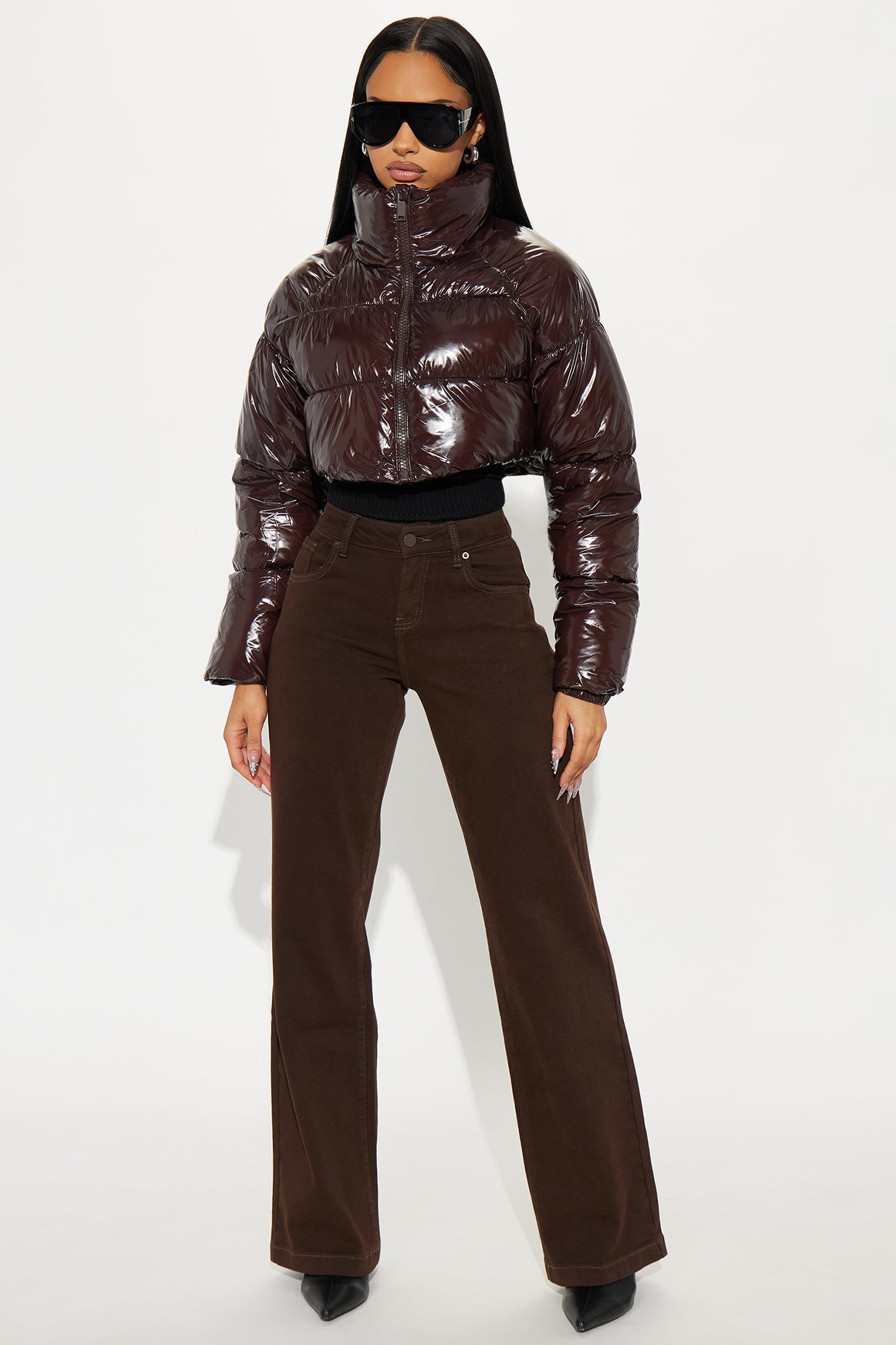 Zora Faux Patent Leather Cropped Puffer Jacket - Chocolate