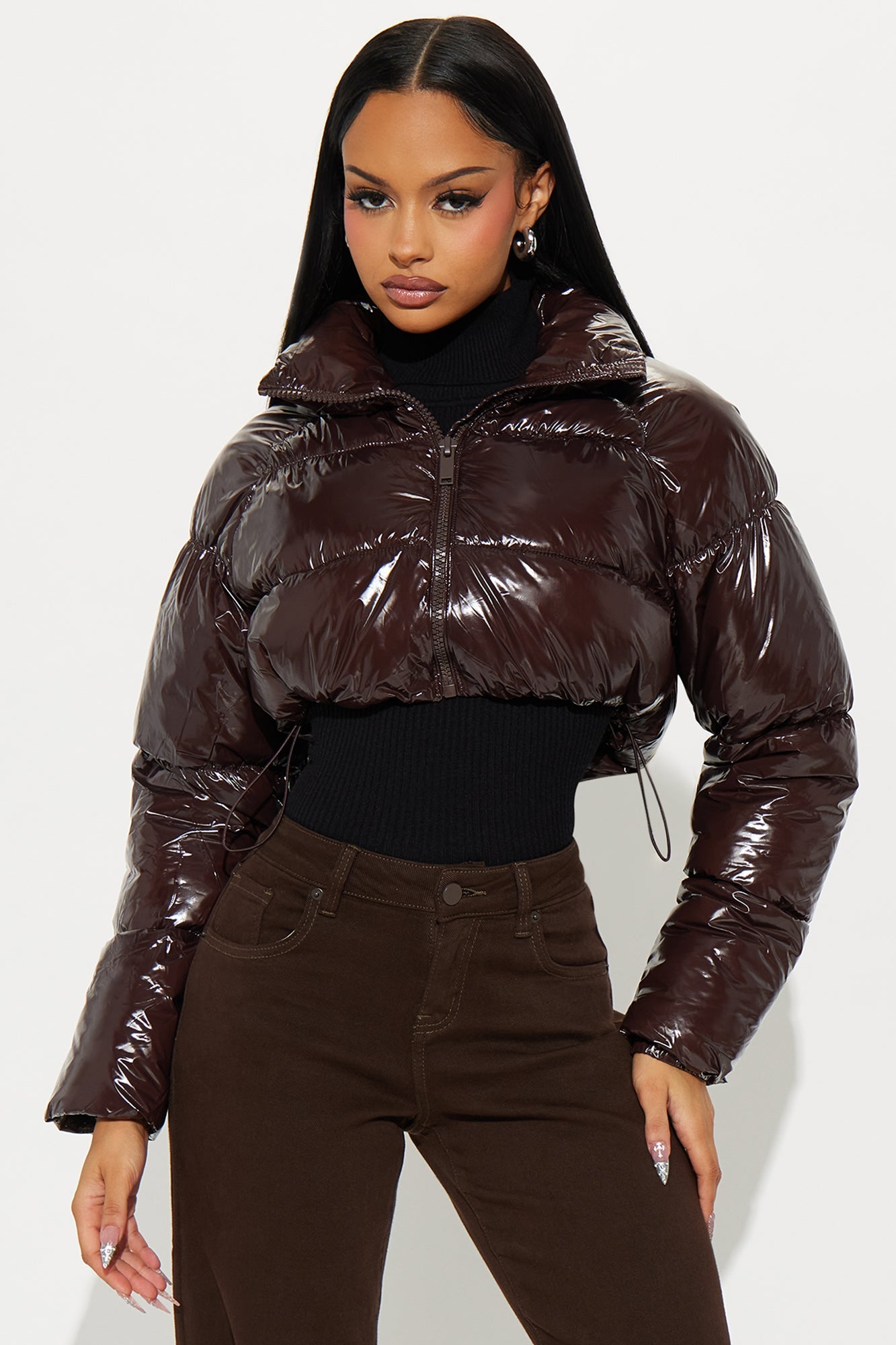 Zora Faux Patent Leather Cropped Puffer Jacket - Chocolate