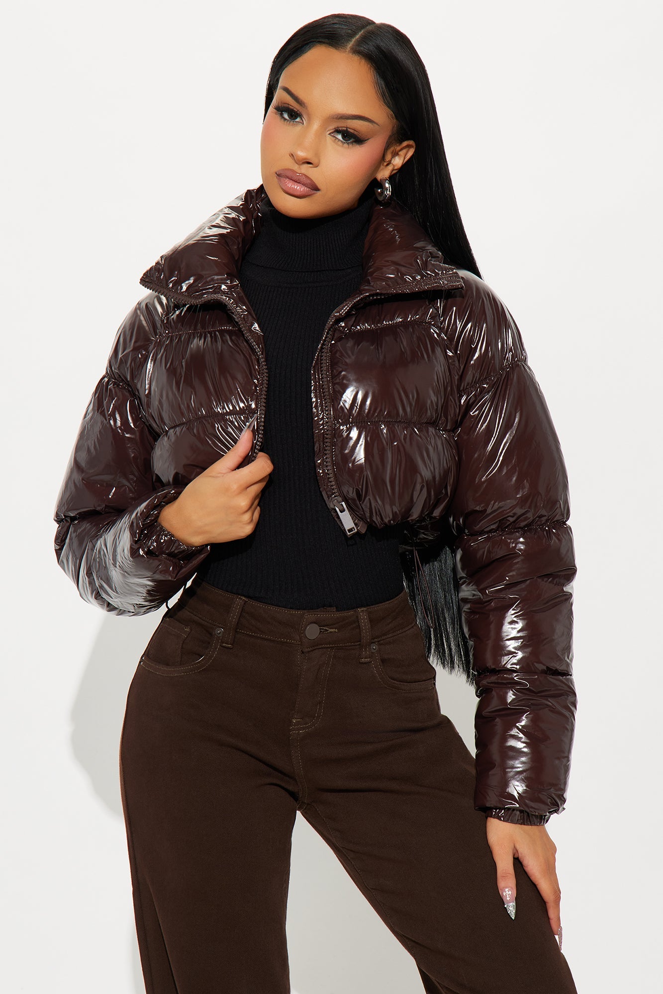 Zora Faux Patent Leather Cropped Puffer Jacket - Chocolate