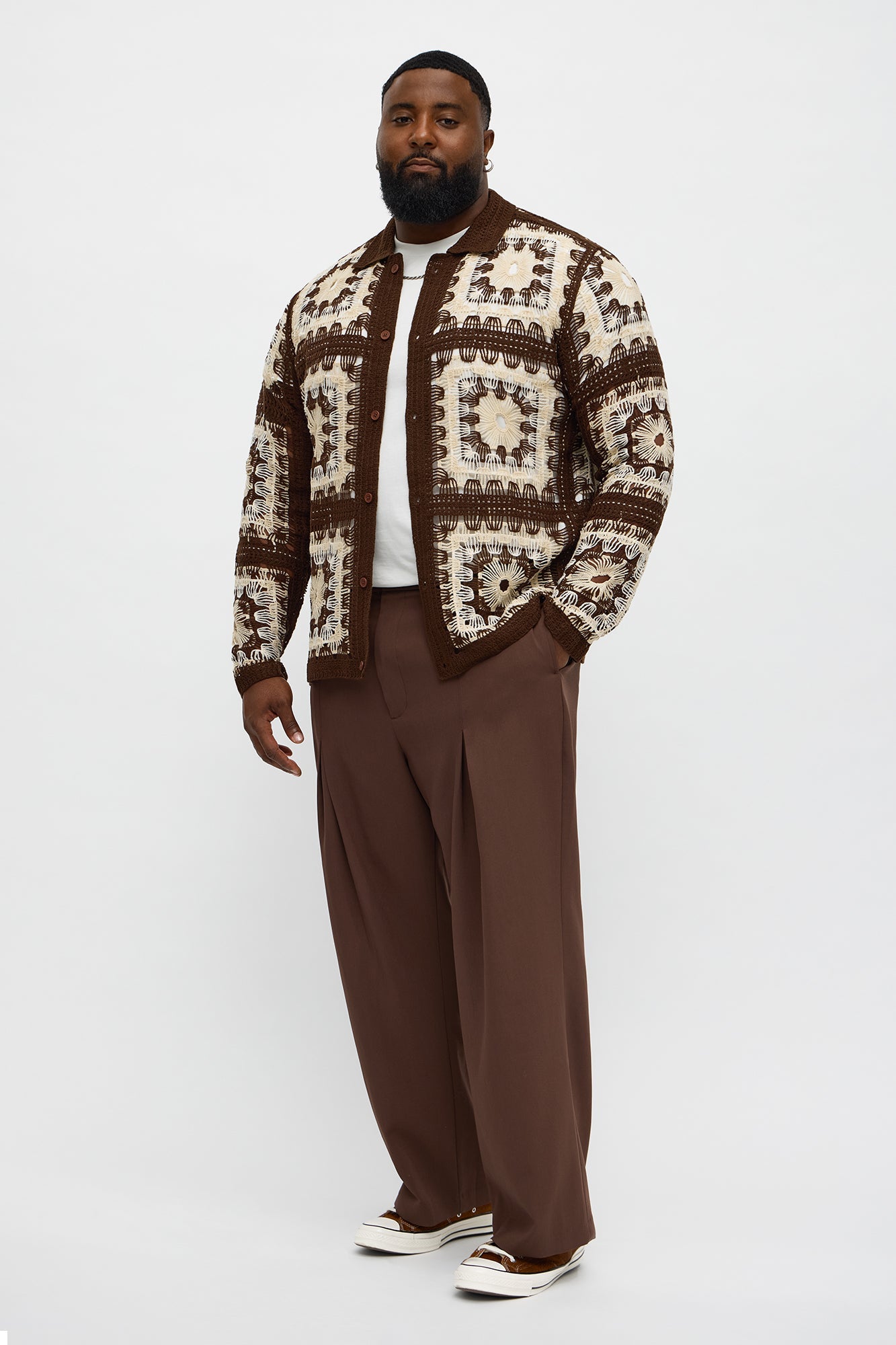 Crochet Stay Button Up Shirt - Brown