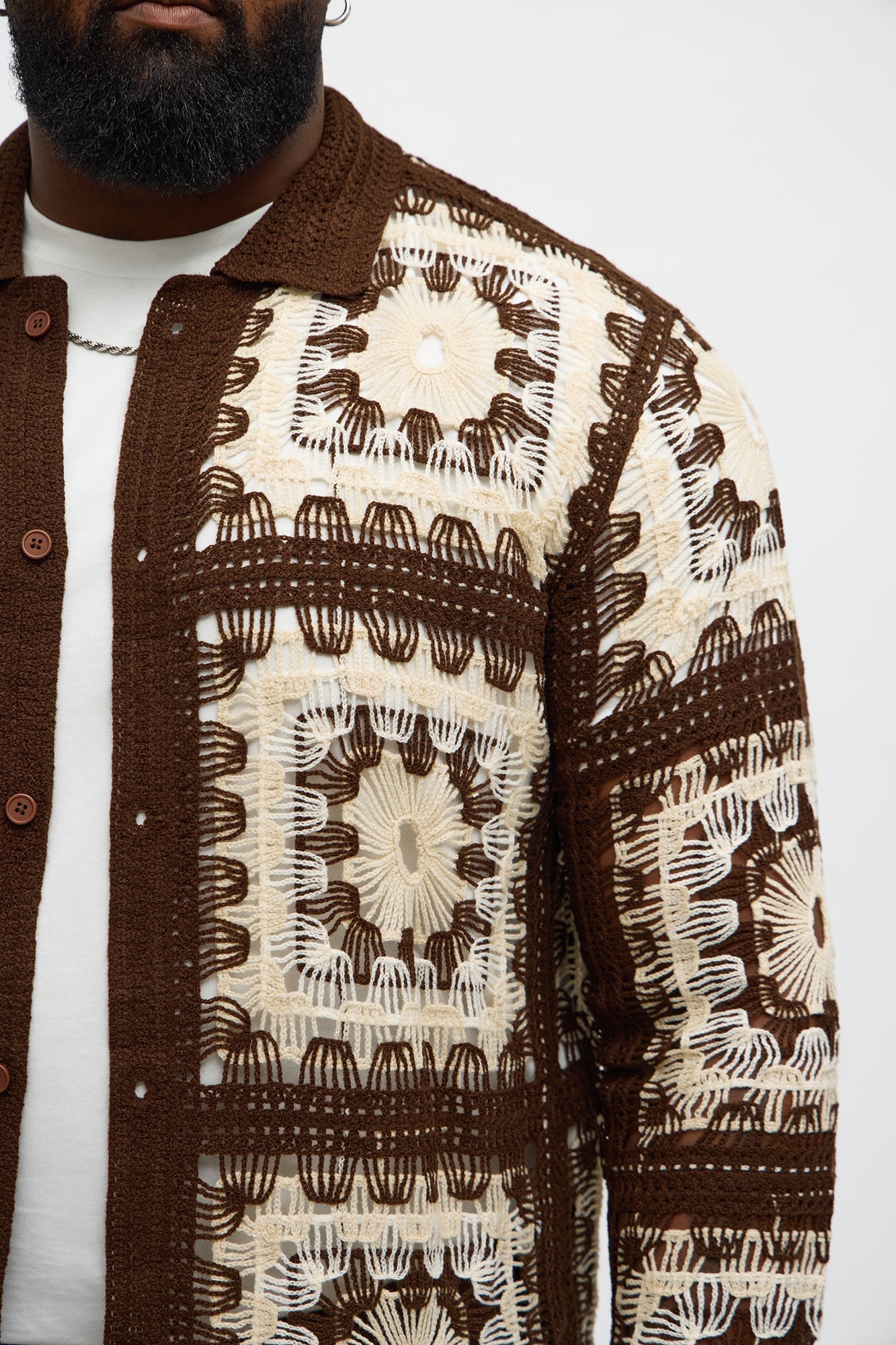 Crochet Stay Button Up Shirt - Brown