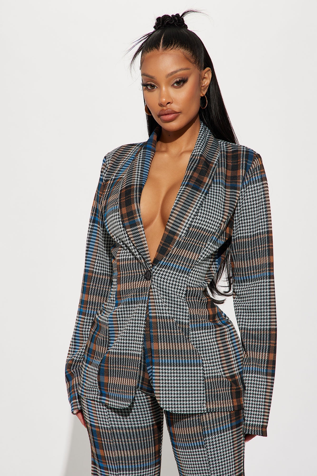 Business Time Plaid Blazer Pant Set - Blue/combo