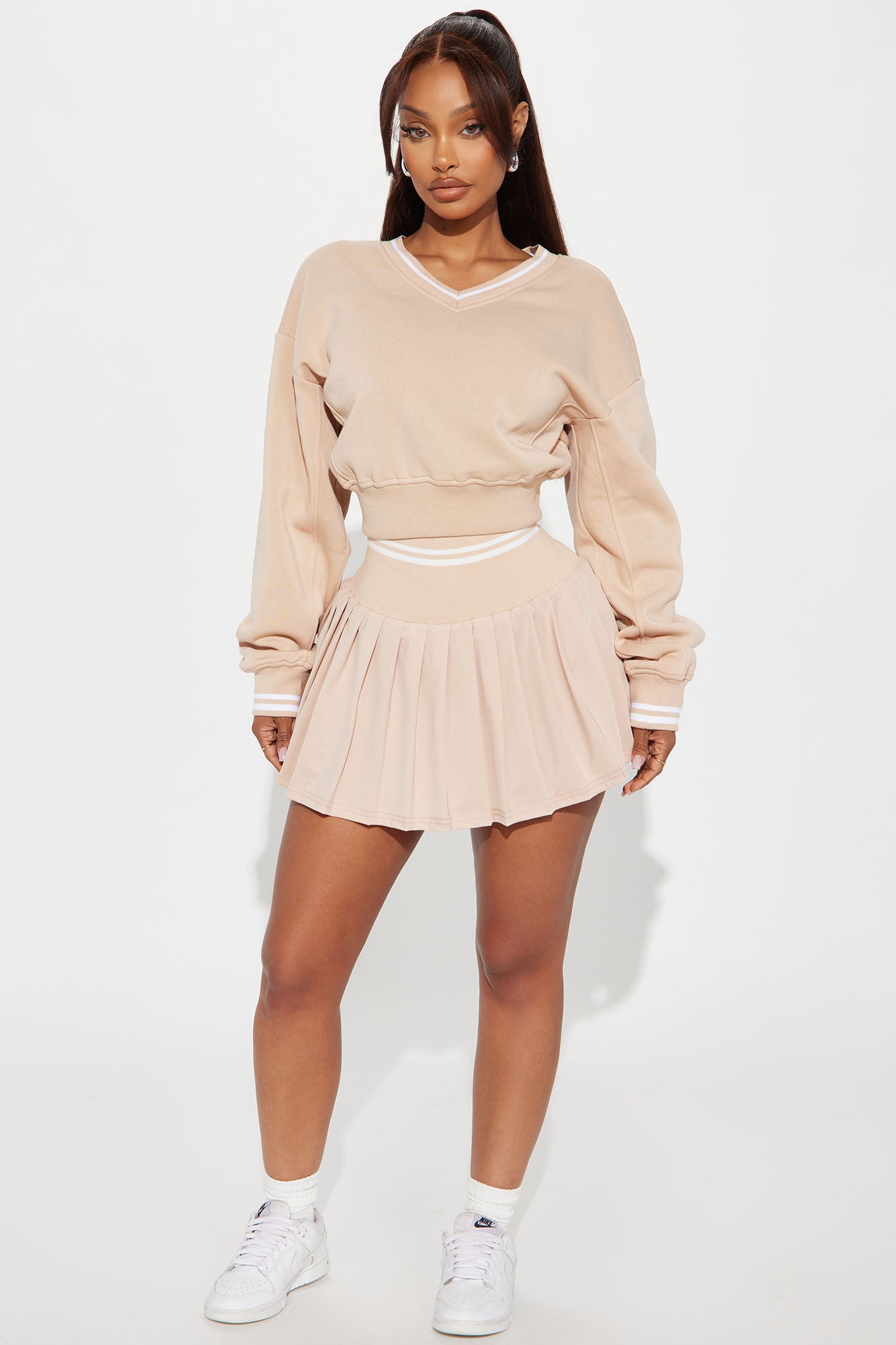 Preppy Pleated Mini Skirt Set - Taupe