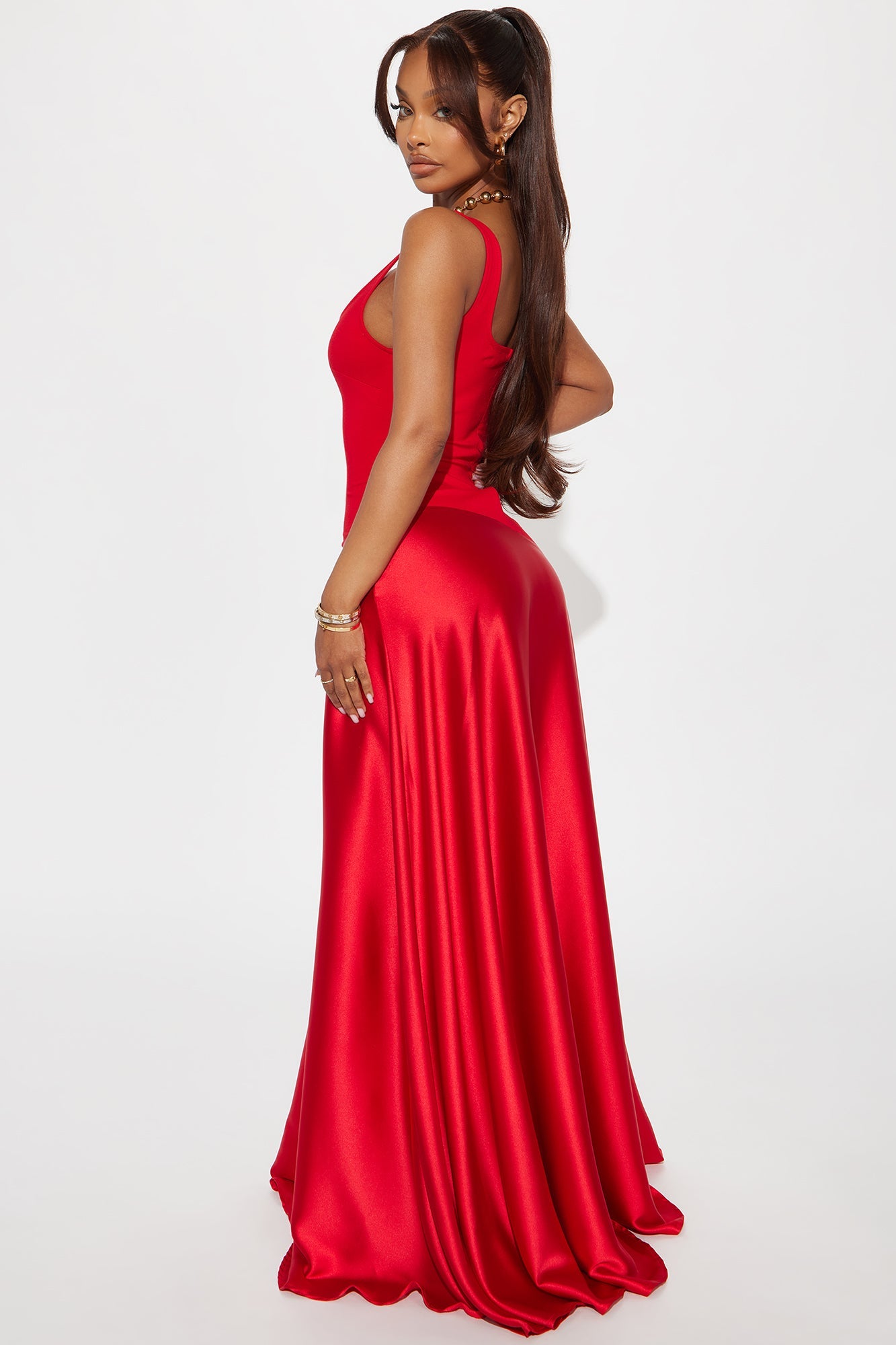Liana Drop Waist Contrast Satin Maxi Dress - Red