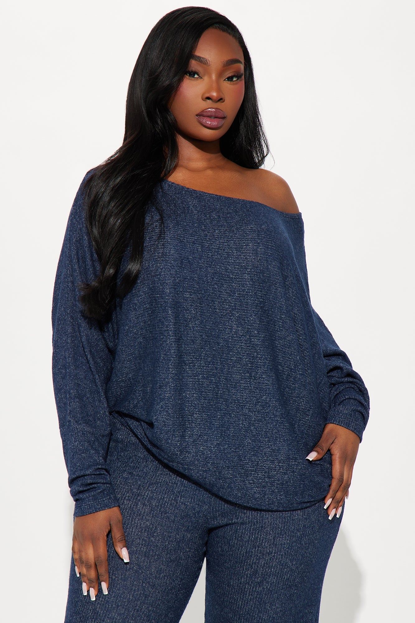 Cozy Off Shoulder Pant Set - Navy