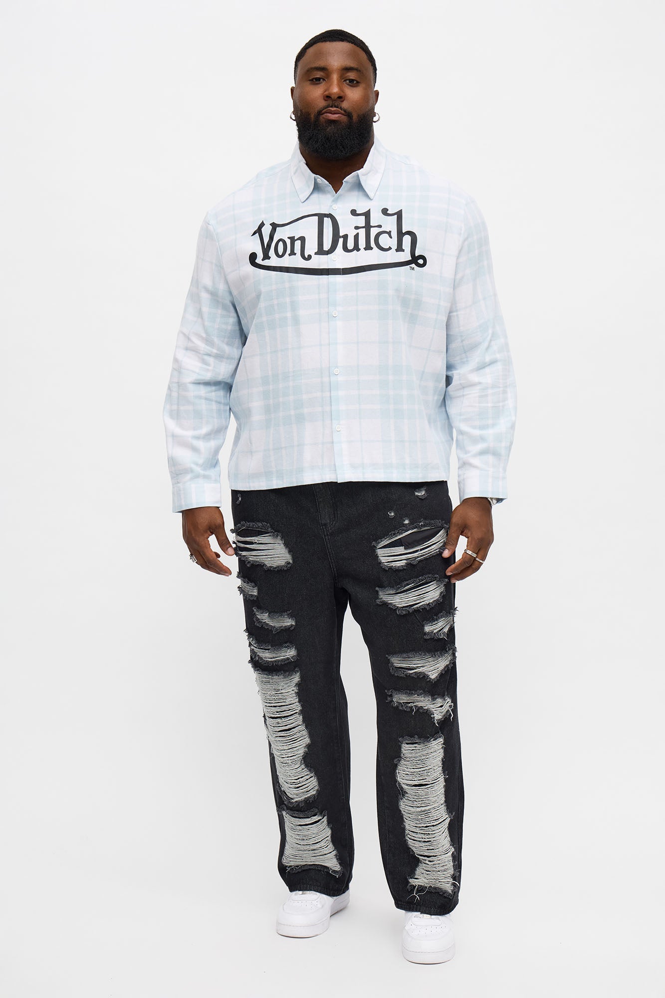Cropped Von Dutch Flying Eyeball Flannel - Light Blue