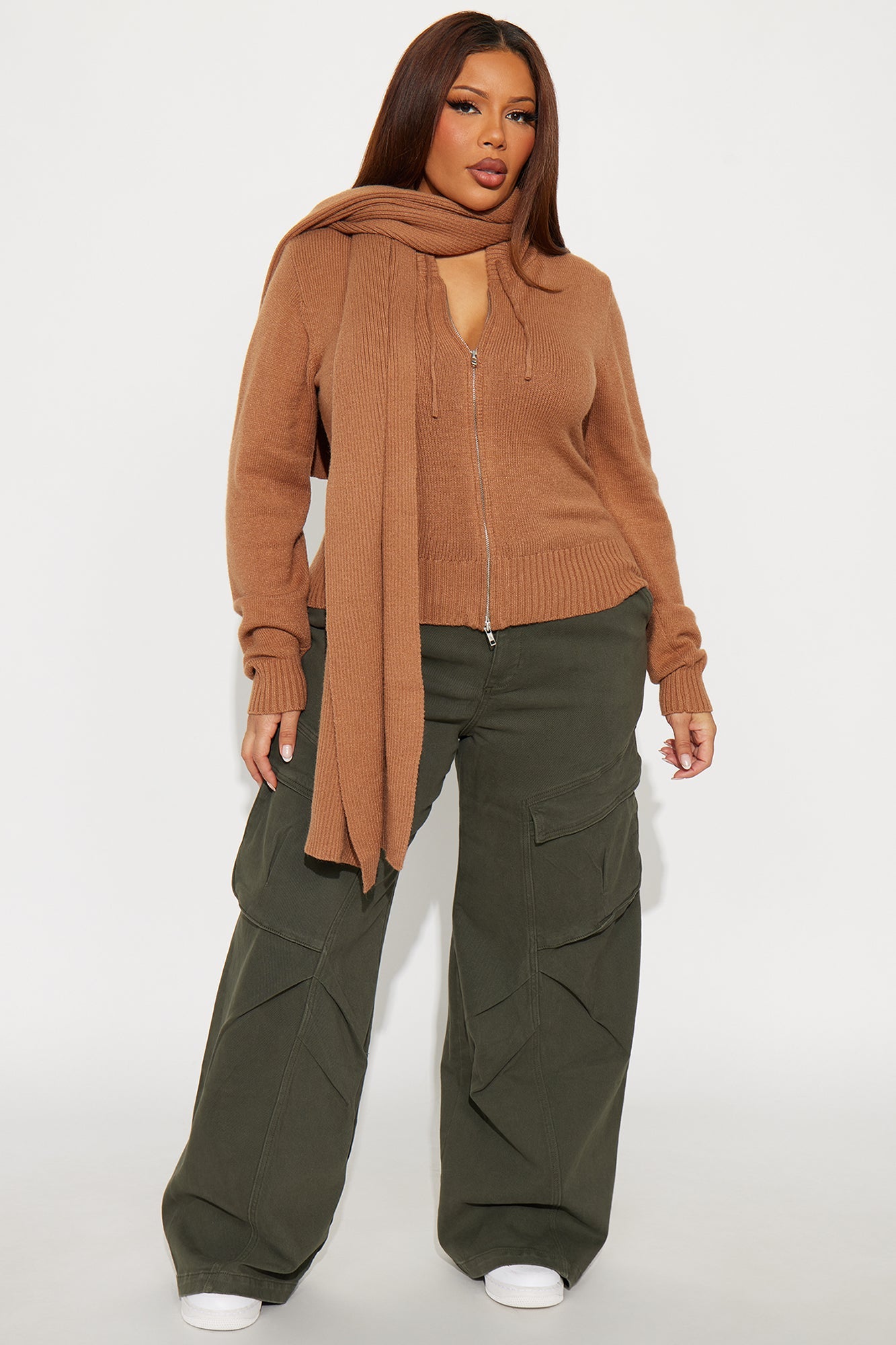 Knot Your Girl Zip Front 2pc Cardigan and Scarf Set - Taupe
