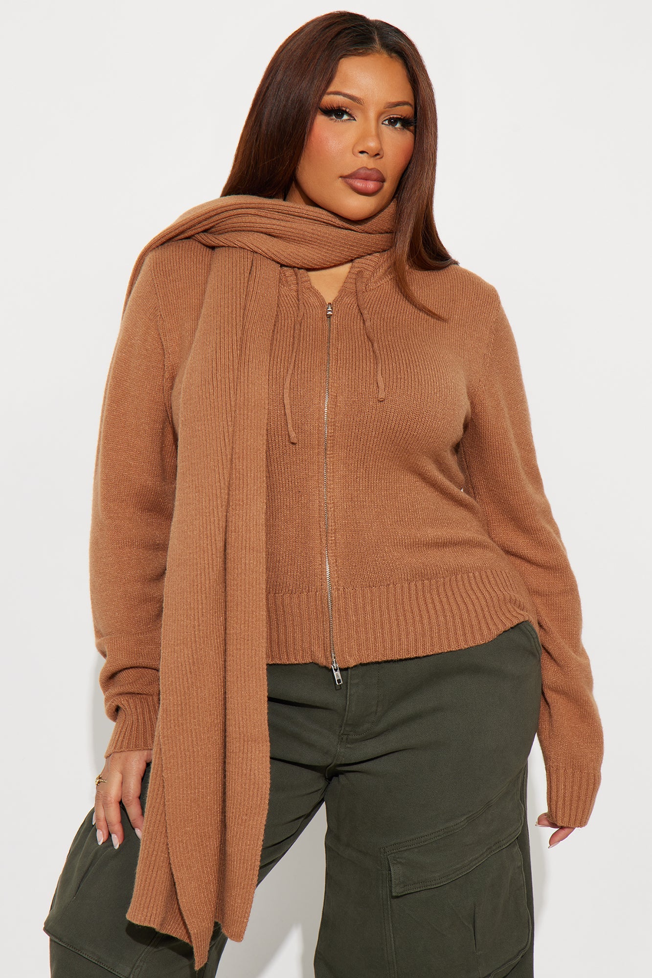 Knot Your Girl Zip Front 2pc Cardigan and Scarf Set - Taupe
