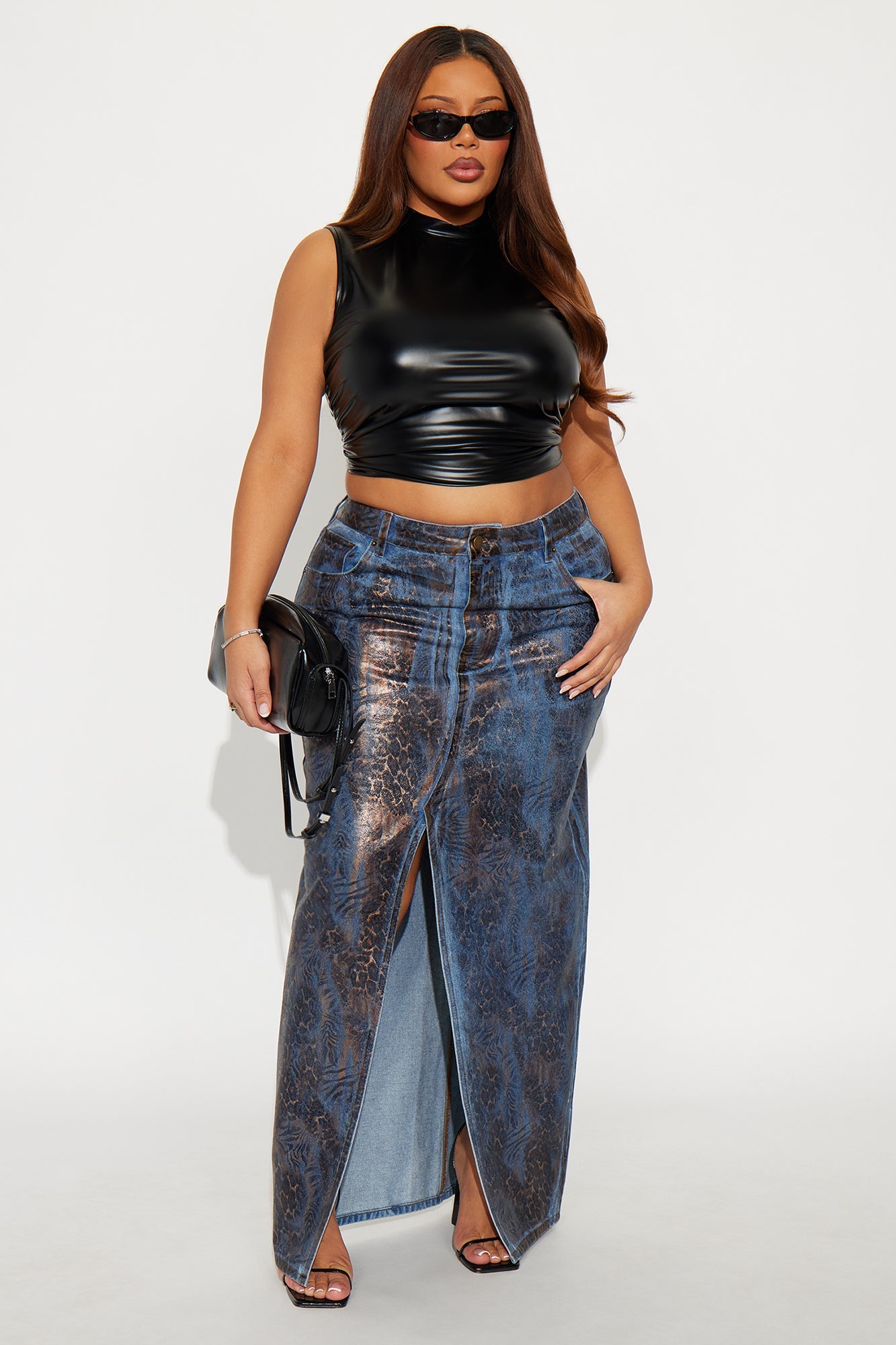 Josie Metallic Coated Leopard Denim Maxi Skirt - Leopard